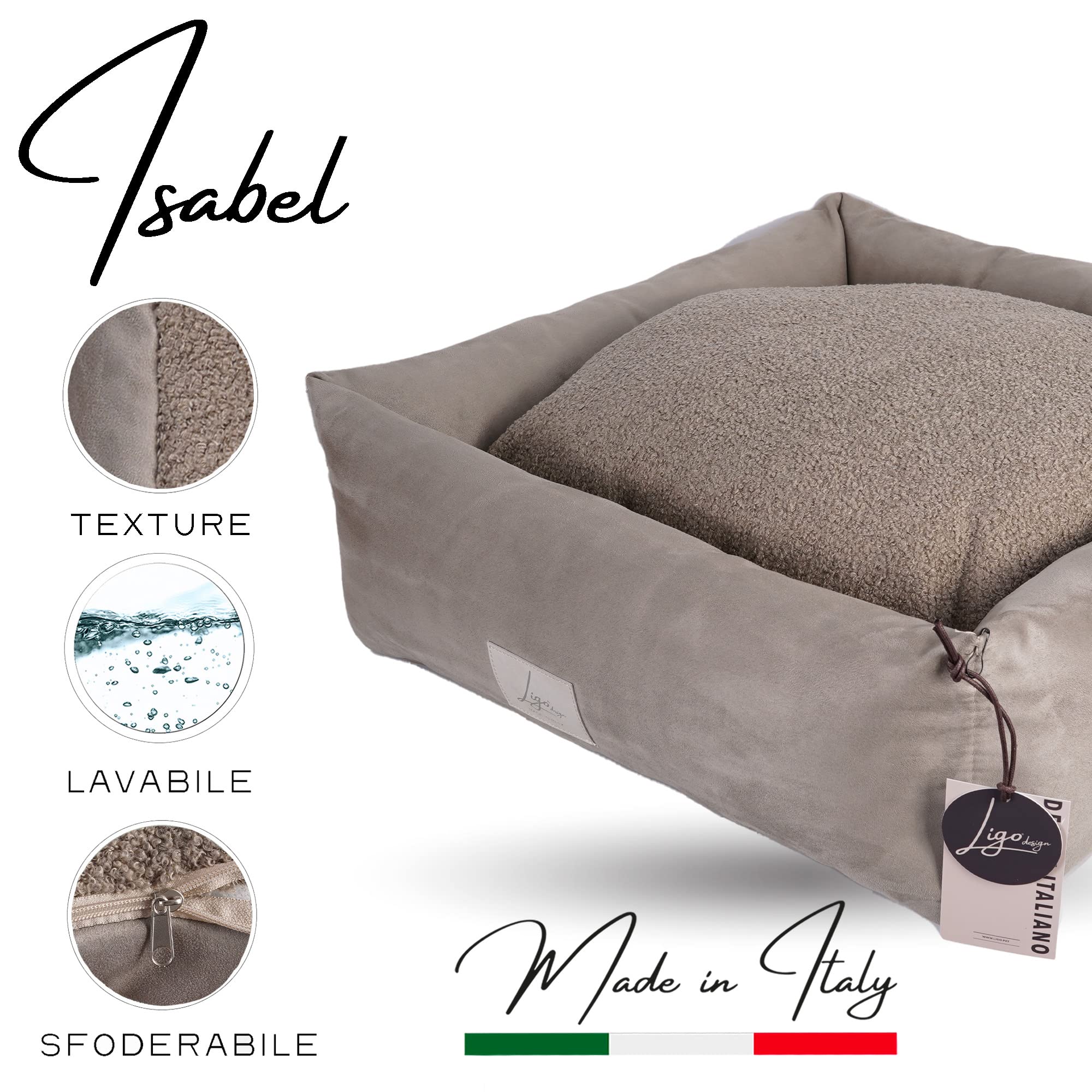 Ligo ISABEL - Cuccia per cani, cuccia per cane artigianale italiana in tessuto vellutato/ricciolino sfoderabile lavabile. Lettino letto materassino cuccetta cuscino mordido per cane. BEIGE CHIARO-S