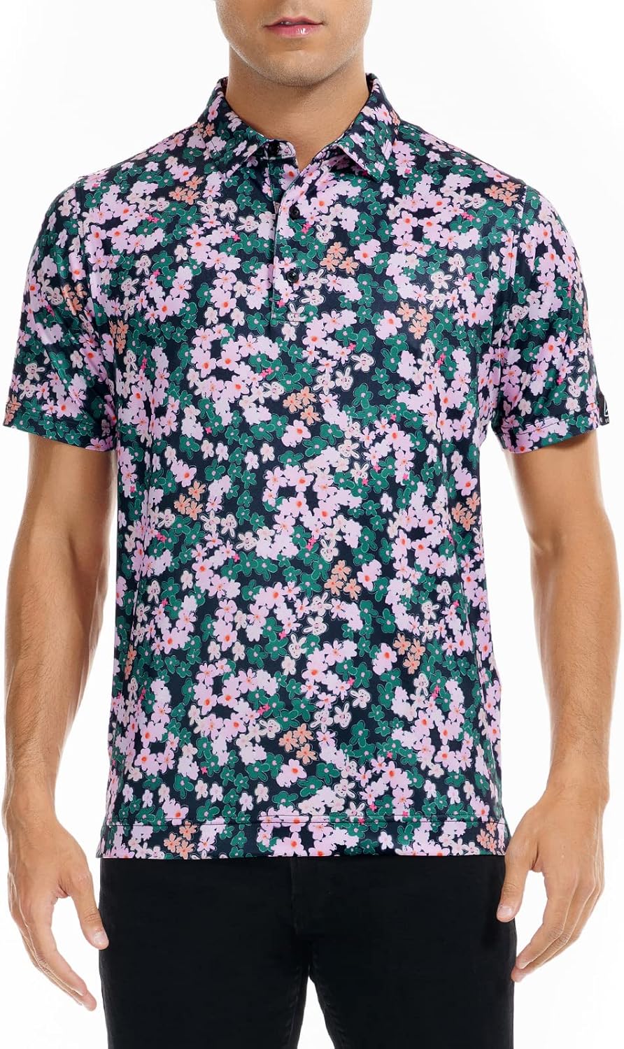 DEOLAX Mens Golf Shirt Fashion Print Floral Polo Shirts Short Sleeve Soft Classic Casual Dry Fit Golf Shirt for Men