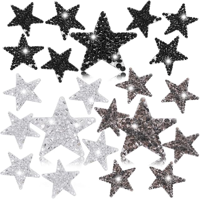 Abeillo 24 Pieces Star Iron on Patches Rhinestone Star Appliques Bling Glitter Star Patches Sew Embroidered Appliques Iron on Rhinestone Patches for Clothing Jeans Repairing Decorations (1.57 Inch)