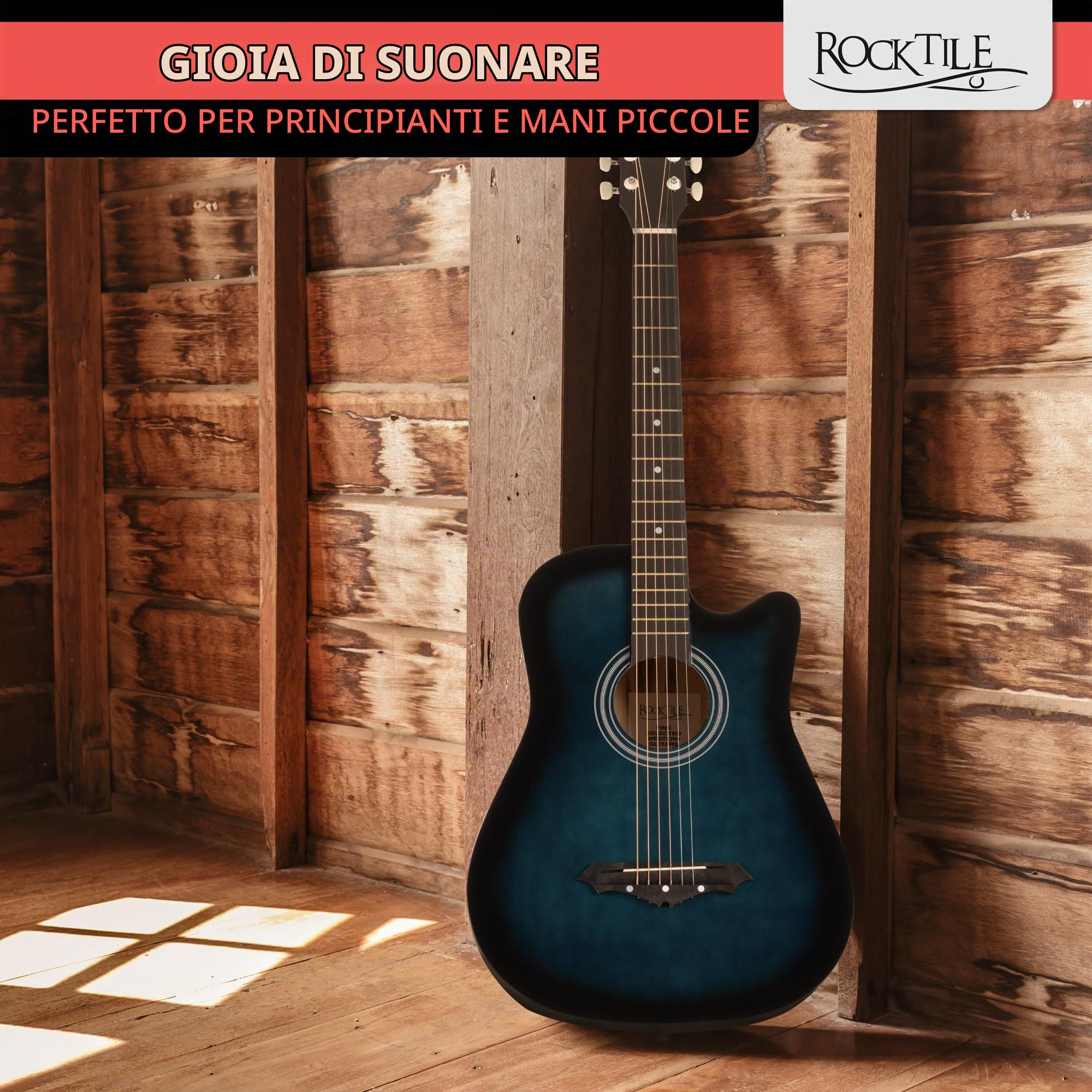 Rocktile WSD-5C-BUB Slim Line Set Chitarra Western Blueburst, Generale | Modello: WSD-5C-BUB, Peso: 1, 4 kg, Lunghezza totale: 95 cm, Numero di corde: 6, Orientamento: Destrimano, Corpo, Top: Tiglio