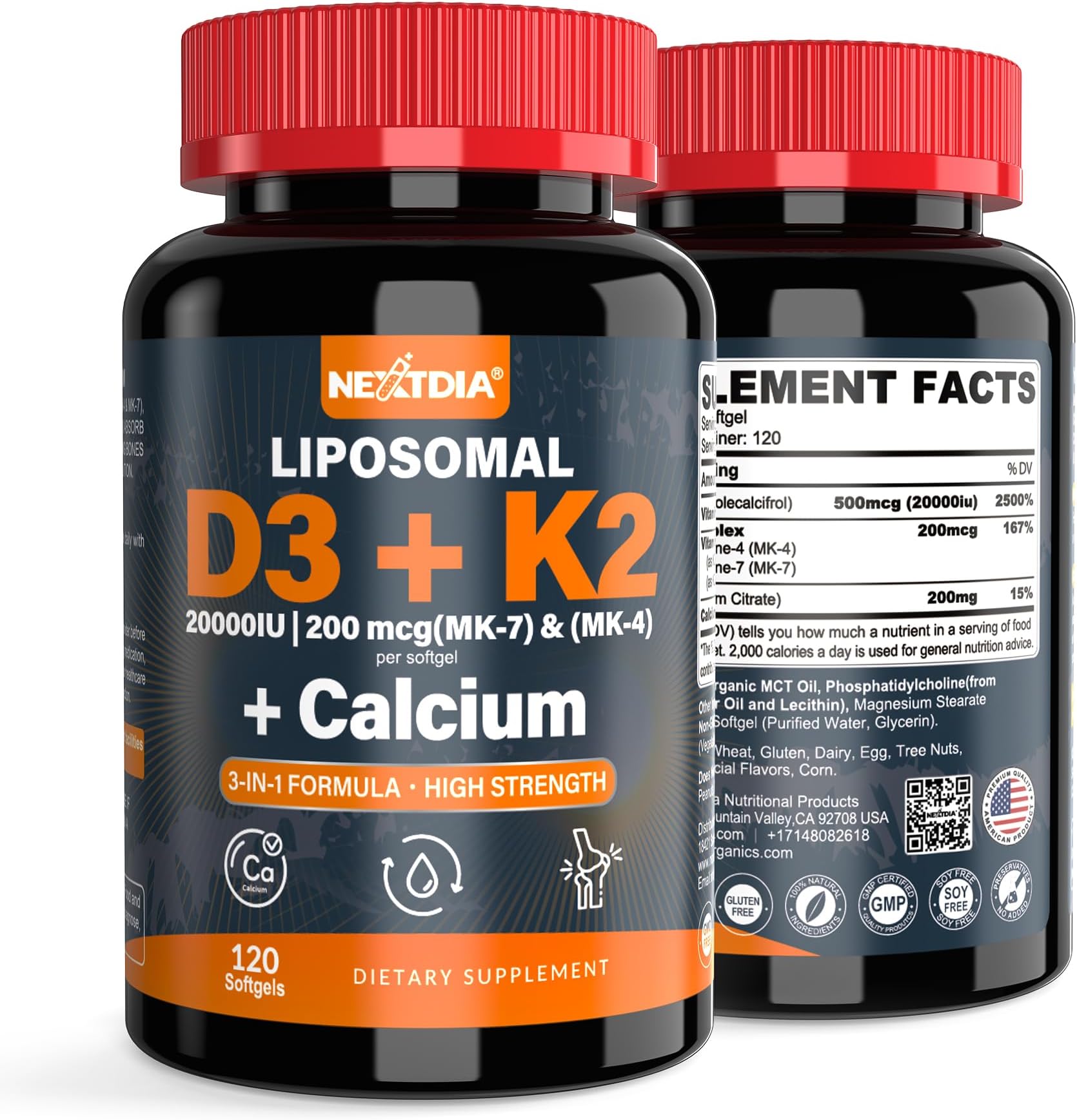 Vitamin D3 20,000 IU + K2 Vitamin (MK4 & MK7)200mcg + Calcium Citrate 200mg