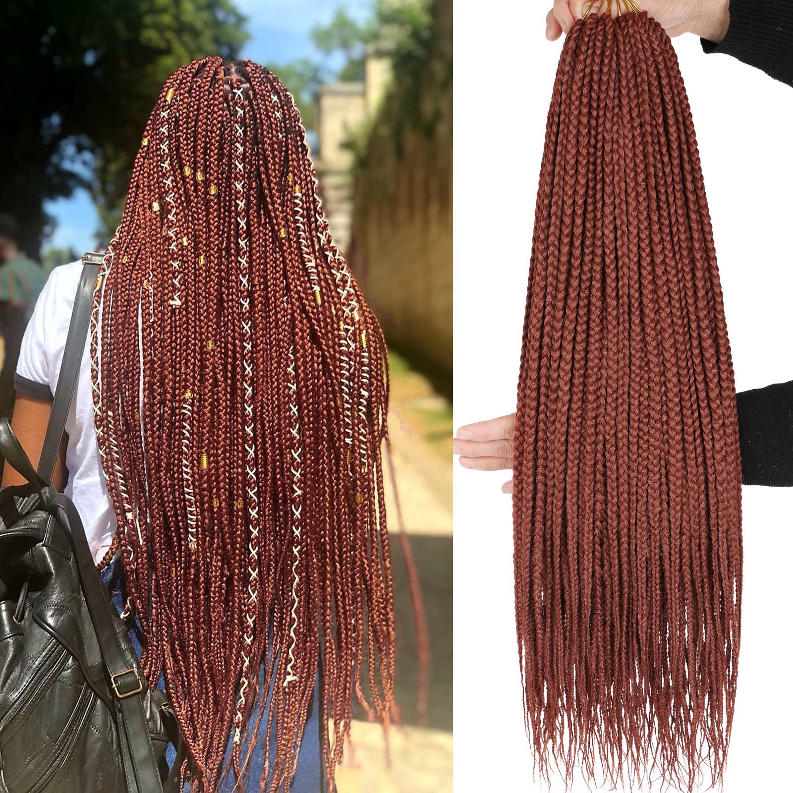 Xtrend 8 Packs 24 Inch Box Braids Crochet 144 Strands Hair Pre-looped 3X Braids Medium Boho Braids Hair Extensions Copper Red Long Box Braids