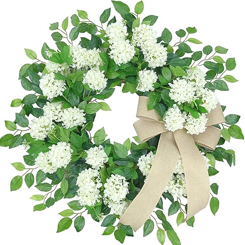 Easy Fine 24 Inch Snowball Hydrangea Wreath for Front Door, Spring Wreath,Summer Wreath,Year Round Everyday Wreath,Farmhouse Wreath,Large Simple Elegant White Floral Wreath,Front Door Decor