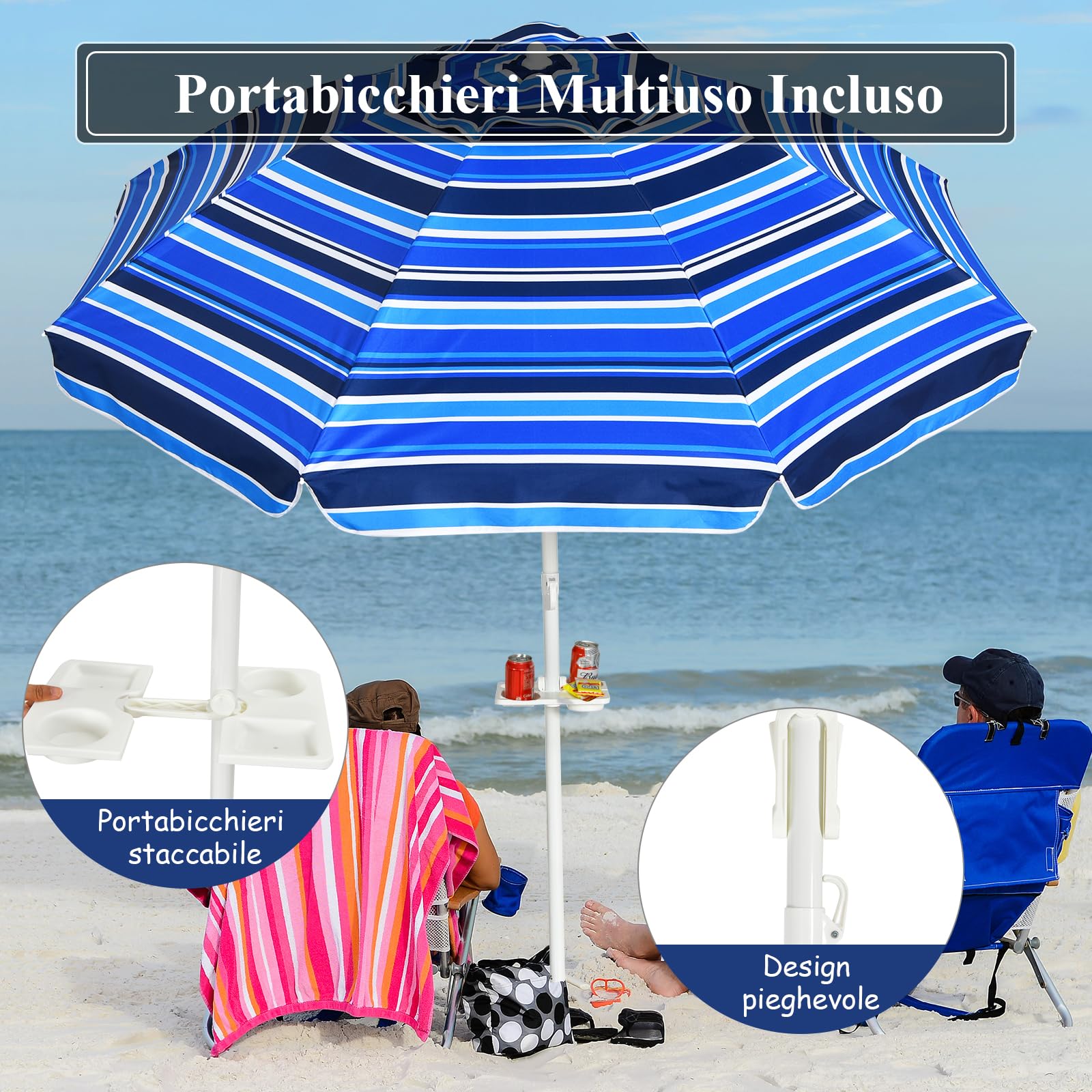 GYMAX Ombrellone da Spiaggia Inclinabile, Protezione Solare 50UV+, Ombrello Portatile con Borsa, a 8 Stecche, Ideale per Spiaggia, Campeggio, Eventi Esterni