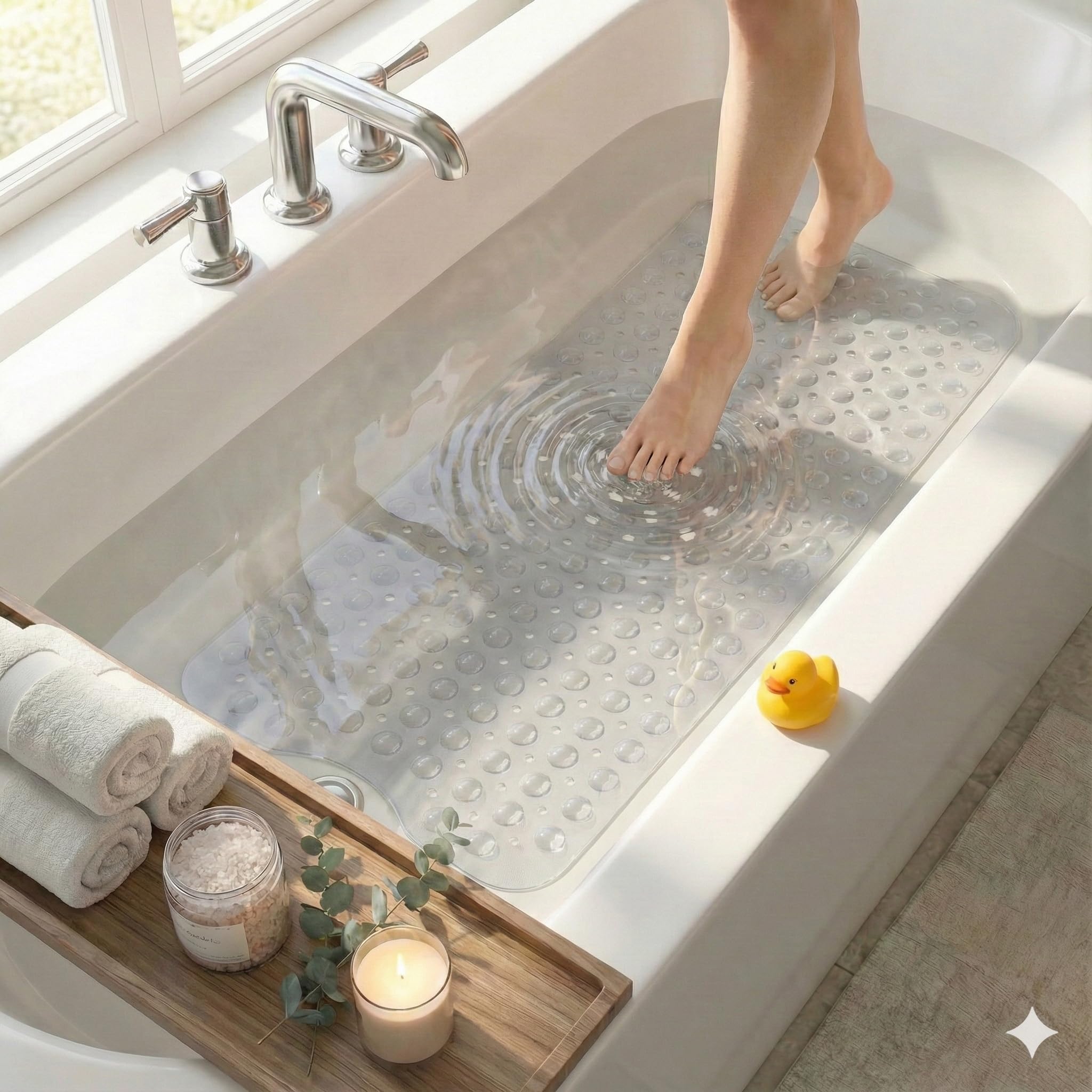 Kikzi Extra Long Non Slip Bath Mat, 101x40cm Clear Shower Mat with Drain Holes and Suction Cups, Machine Washable (Clear)