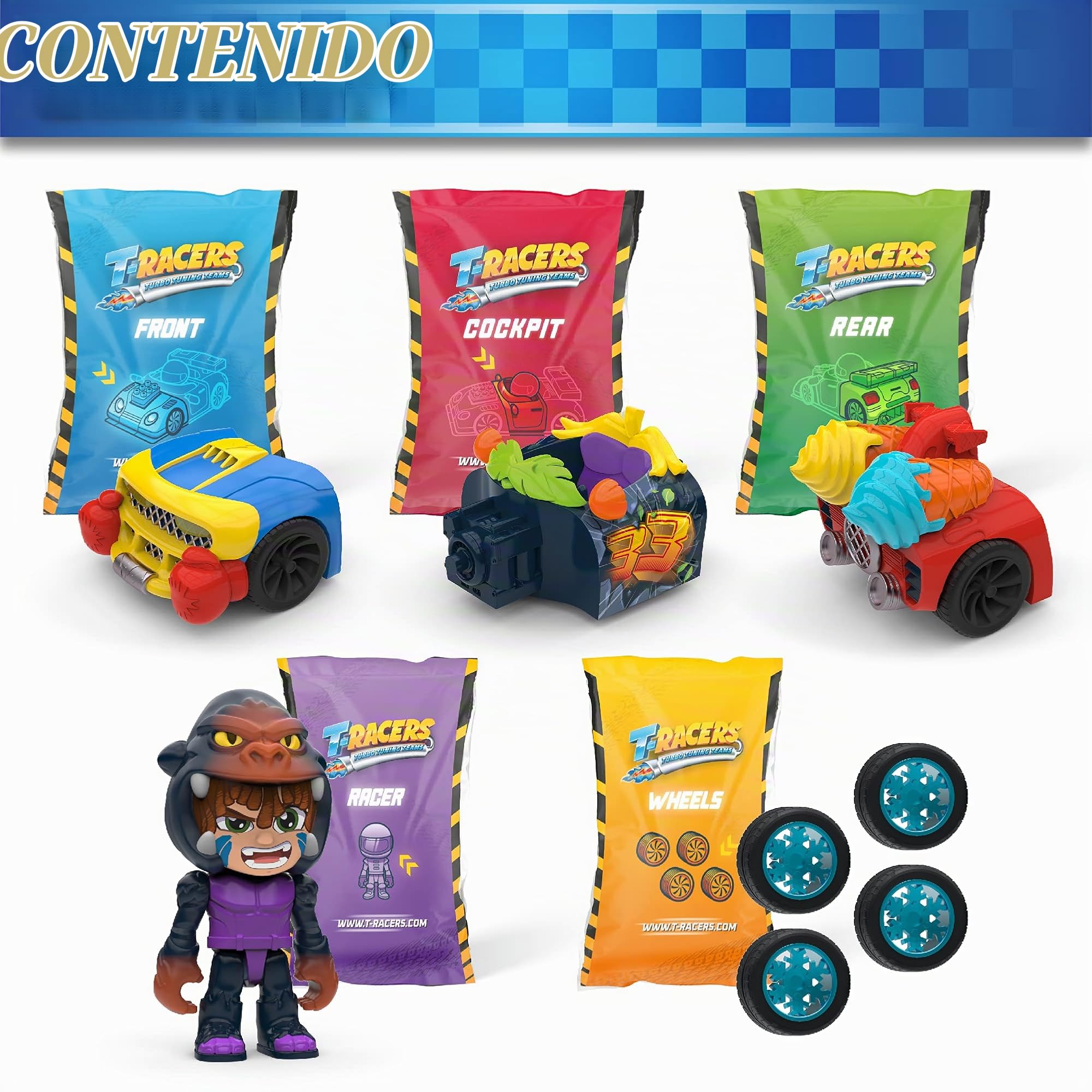 T-RACERS serie 2 – Colección completa de coche de carreras y piloto sorpresa coleccionable, 8 Coches de carreras desmontables por partes y con piezas intercambiables