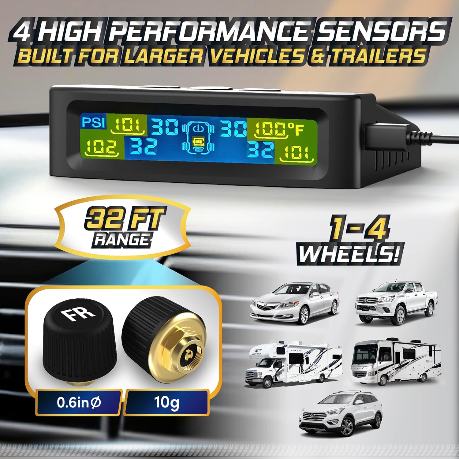 Marcala Tire Pressure Monitoring System - Set of 4 TPMS Sensors for Trailer, RV, Camper, Truck (0-98PSI) | 50ft Extended Range Air Monitor Kit | Solar Charge & 6 Alarm Modes | Be Safe & Prevent Flats