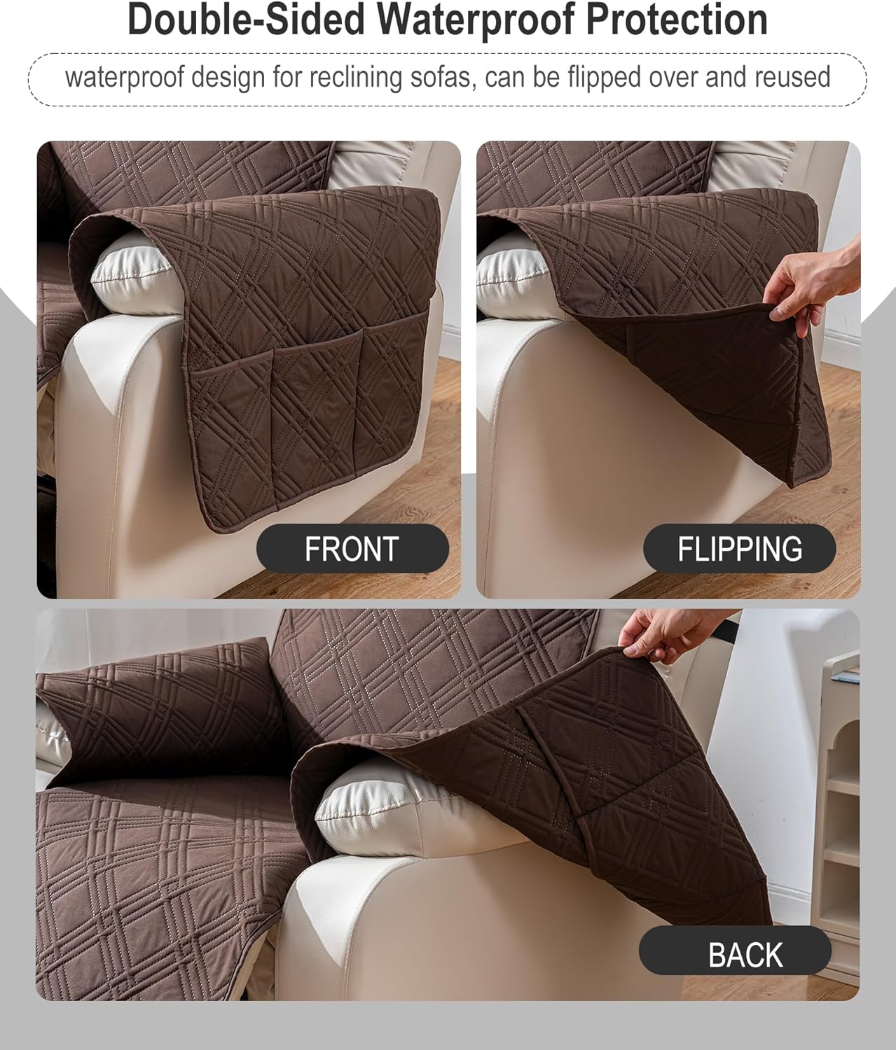 Reversible Recliner Chair Cover, Waterproof Recliner Chair Covers with Pocket Washable Reclining Chair Cover Furniture Protector for Kids, Pets (23.6'', Chocolate)