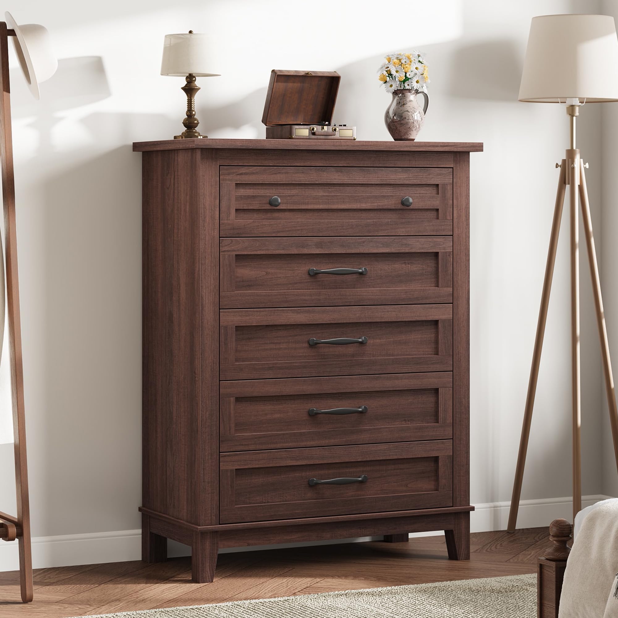 Commode 5 tiroirs Farmhouse Noyer foncé