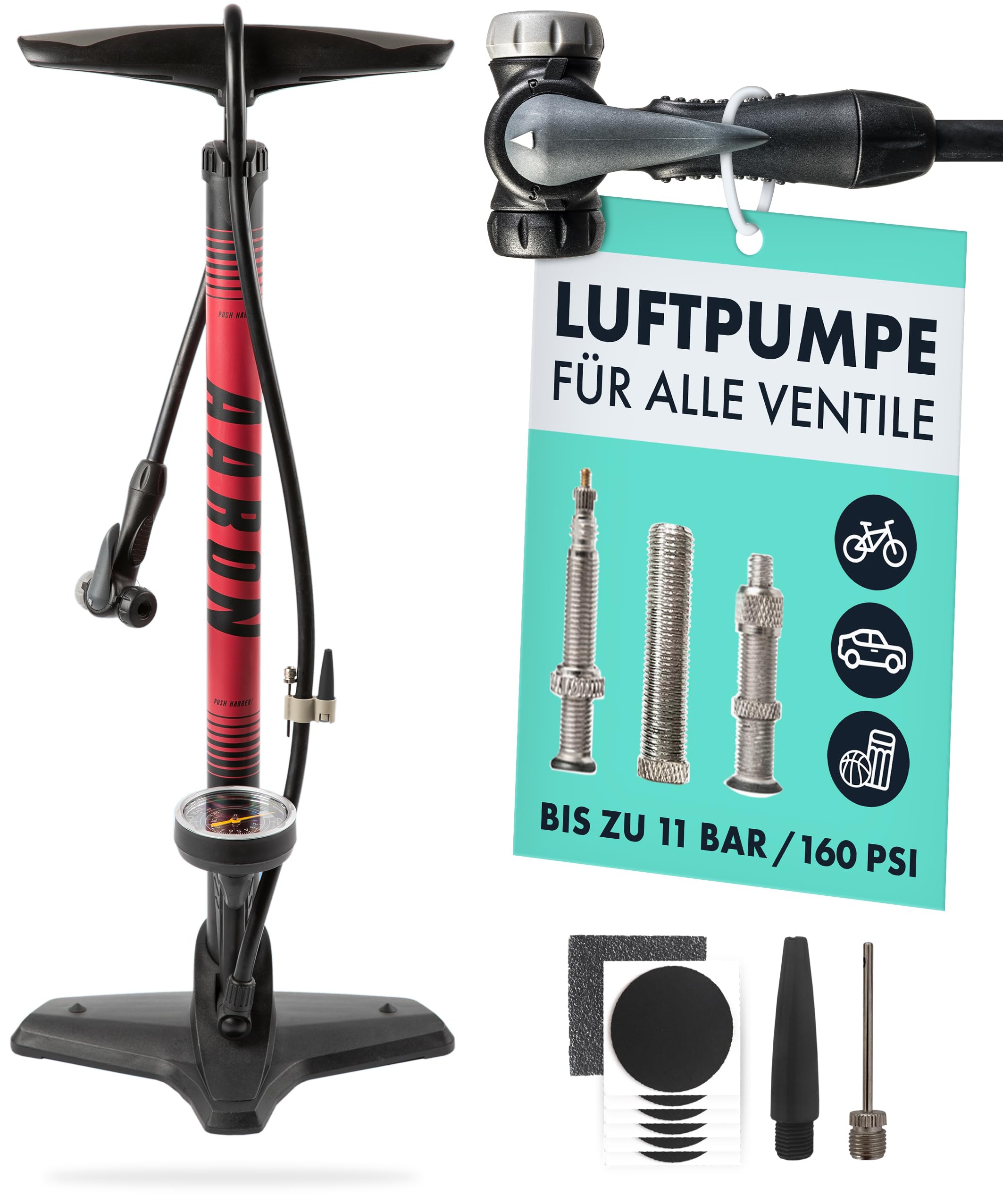 AARON Sport One Fahrrad Standpumpe mit Manometer für alle Ventile | Hochdruck Fahrradpumpe inkl. Ball Aufsatz | Luftpumpe für E-Bike, Mountainbike, Rennrad