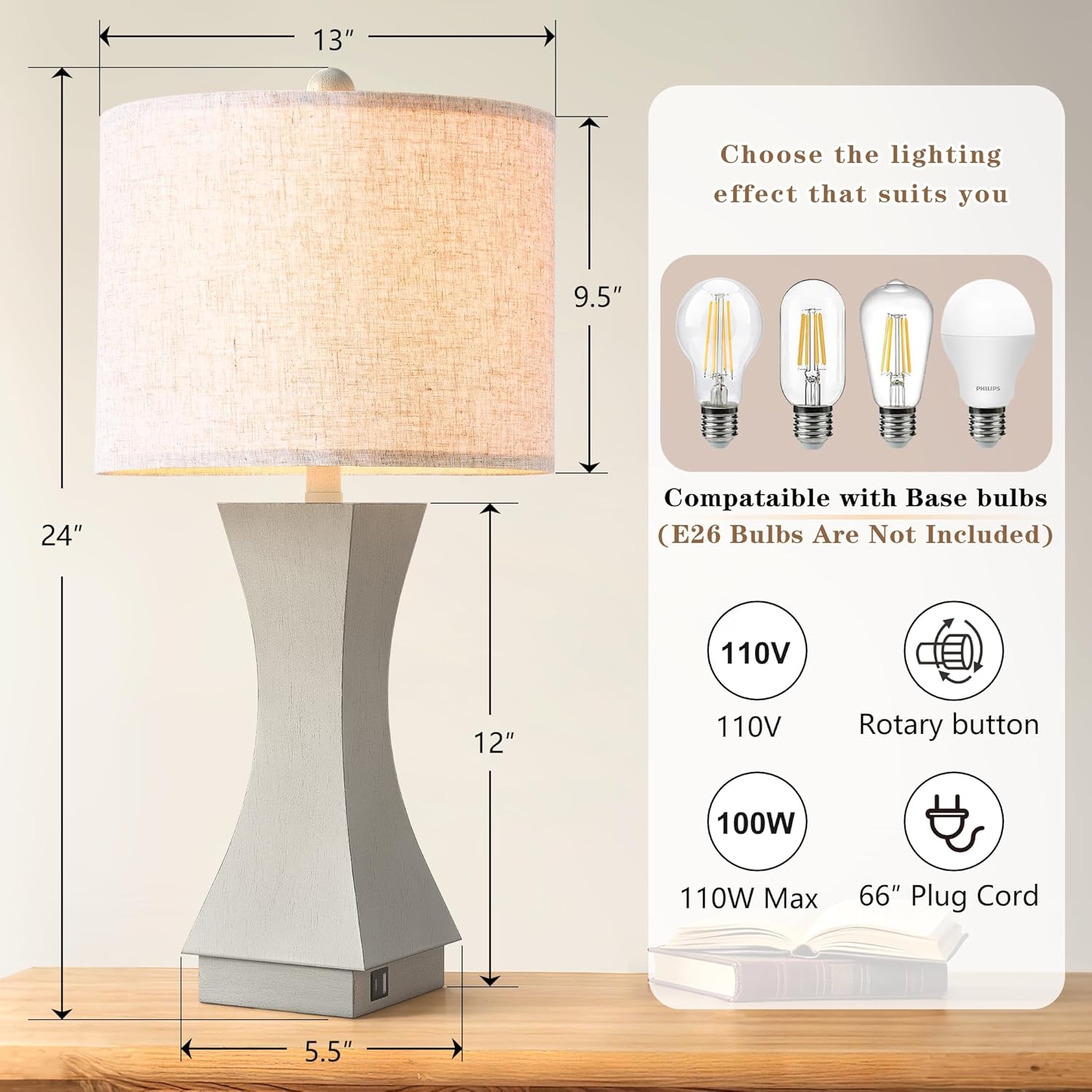 24.5" Modern Table Lamp Set of 2, 3-Way Dimmable Bedside Lamps with USB C & A Charging, Farmhouse Resin Nightstand Lamps with Linen Shade for Bedroom, Living Room, Home Office (Gray)