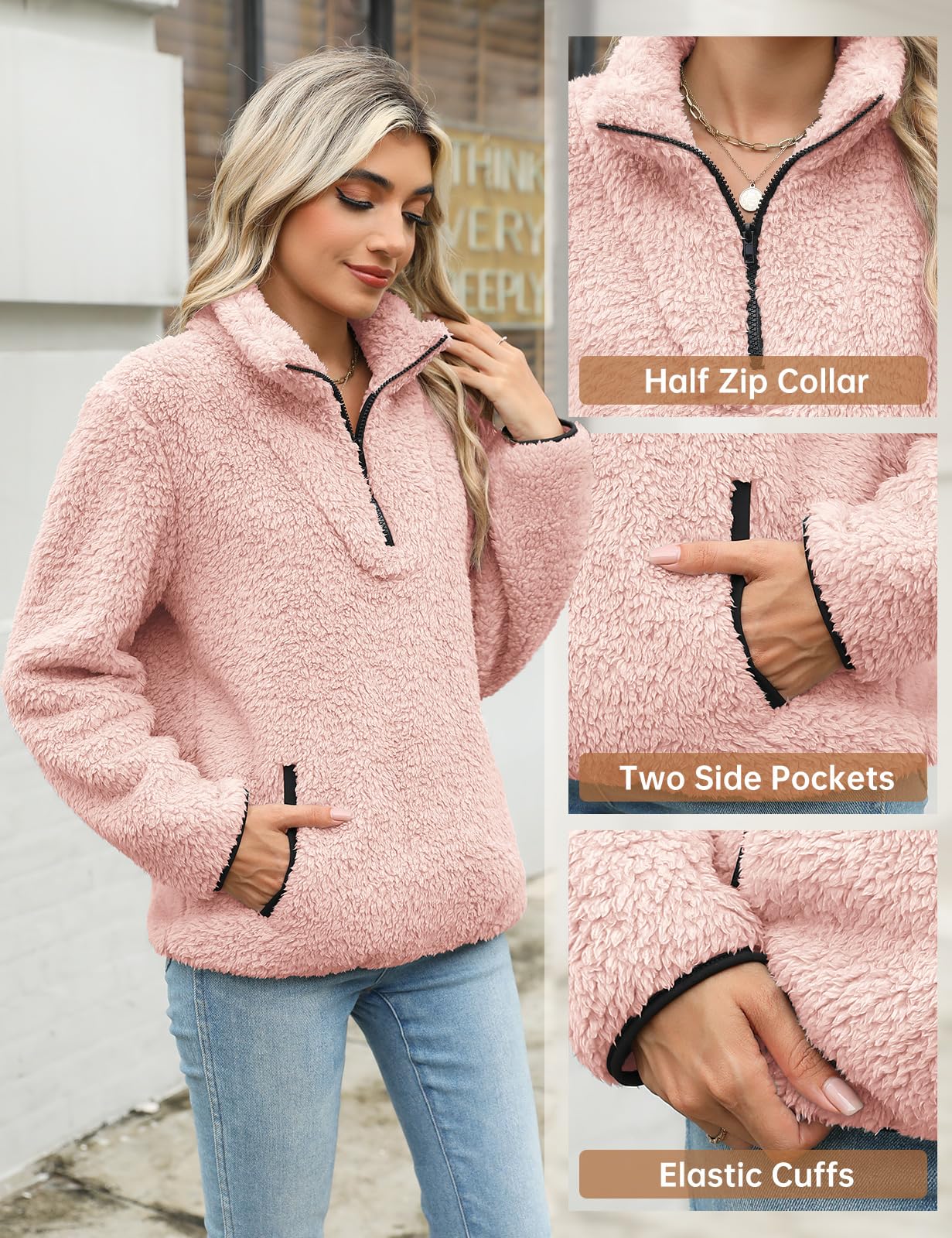 Tuopuda Sudaderas sin Capucha con Cremallera Mujer Jersey de Forro Polar Suelto Sólido Manga Larga Suéter con Bolsillos Sudadera Caliente y Esponjoso Chaquetas Tops Otoño Invierno