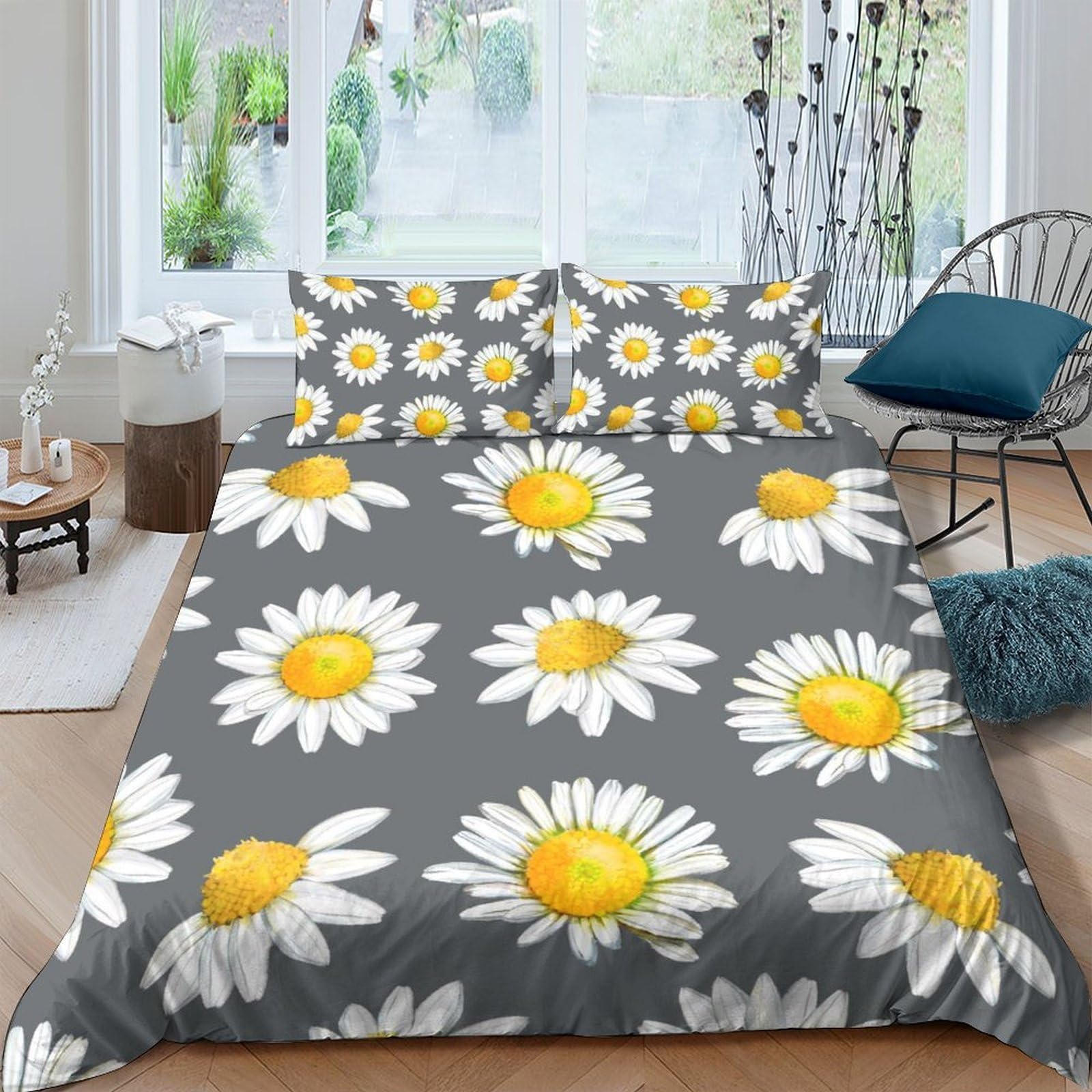 GPLZQXKJNH 3D Printed Daisy Flower Duvet Cover Set Microfiber Soft Breathable Sunflower Quilt Cover with 2 Pillowcases for Bedroom Decor Single（135x200cm）