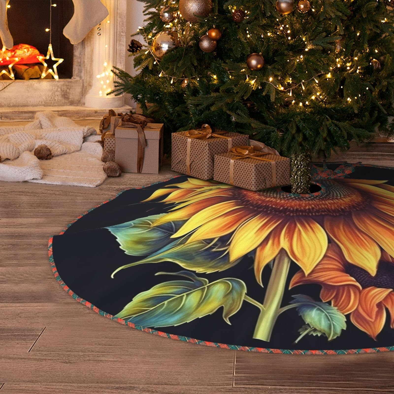 Summer Sunflower Christmas Tree Skirt 48" Artificial Tree Mat Cover Merry Christmas Burlap Xmas Tree Skirt for Christmas Decoration Holiday Indoor Outdoor Winter Party Decor