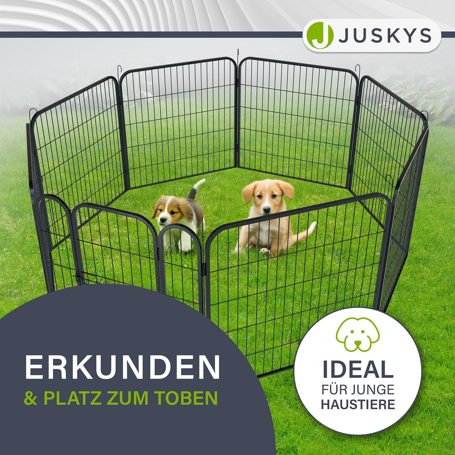 Juskys Welpenauslauf Plus 160x160x80 cm - Welpenlaufstall 8-teilig aus Metall - Freigehege mit Tür - Welpengitter für Hunde, Hasen & Kleintiere