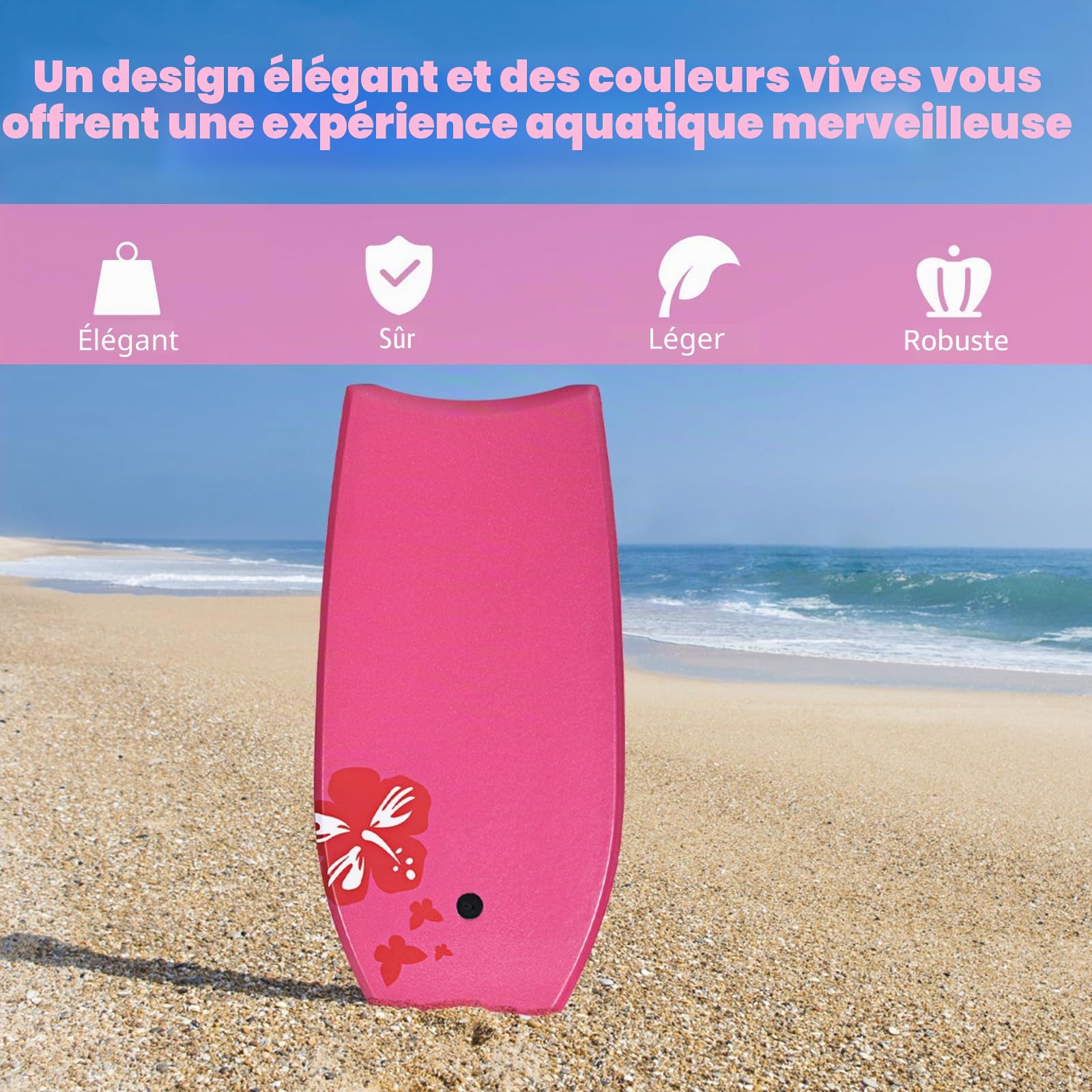HOMASIS Planche de natation avec corde, planche de surf portable pour adultes et enfants à partir de 14 ans, 105 x 51 cm, rose rouge