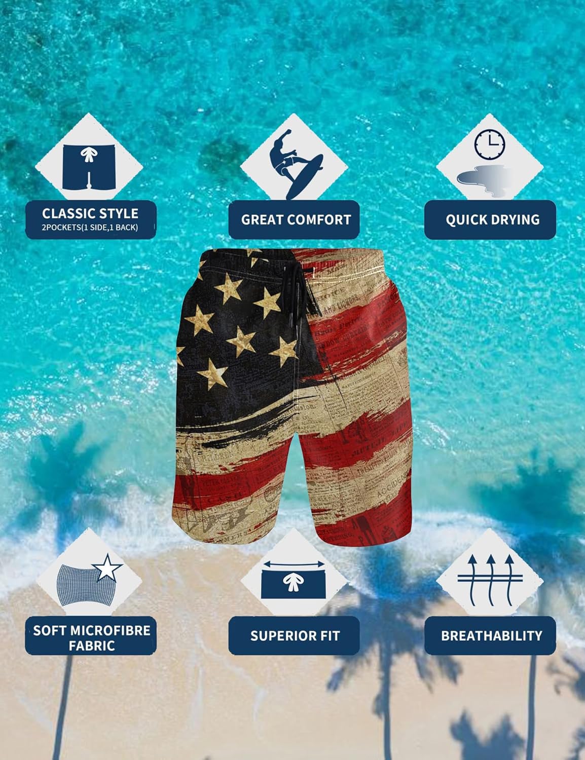 CHILL·TEK Men's Swim Trunks American Flag Quick Dry Board Shorts for Men Newspaper Beach Bathing Suits with Pockets