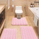 Striped Teal Blue Bathroom Rug Set 3 Pieces Ultra Soft, Non Slip Chenille Toilet Mat, Absorbent Plush Shaggy Bath Mats for Bathroom, Bedroom, Kitchen