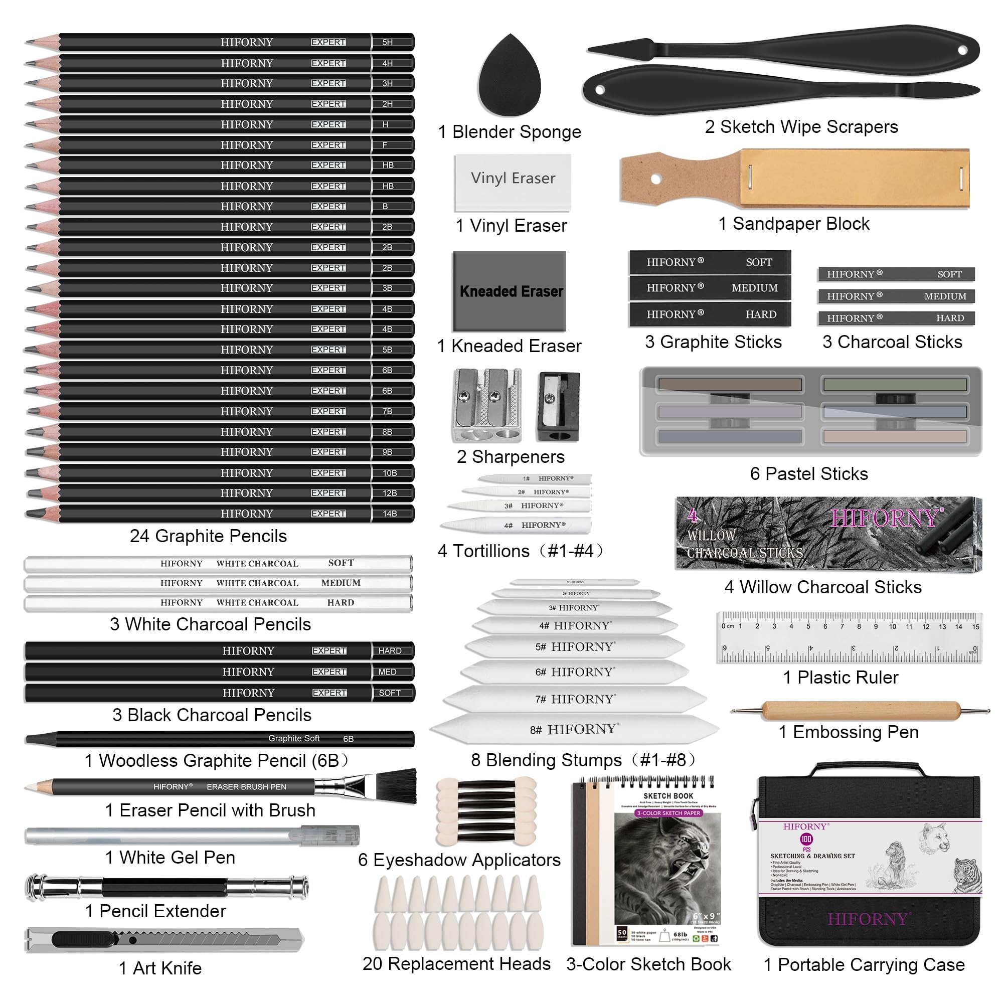 HIFORNY Set da disegno da 100 pezzi, kit per schizzi, matite per schizzi con grafite, carbone, strumenti e accessori, custodia portatile da viaggio con cerniera per artisti e principianti