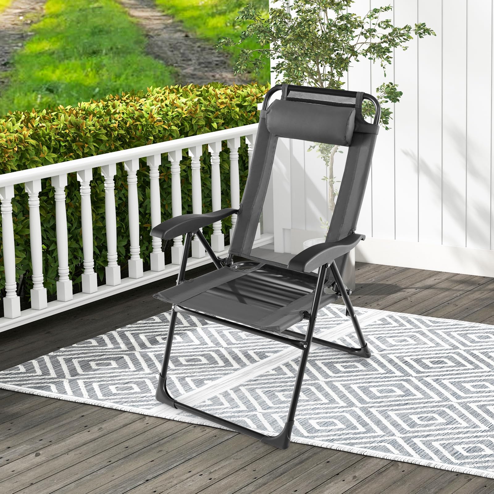 KOMFOTTEU 2er Set Gartenstühle, Klappstühle mit 7 verstellbaren Rückenlehnen, Campingstühle mit Abnehmbarer Kopfstütze, Klappsessel tragbar für Balkon, Garten, Terrasse (Grau)