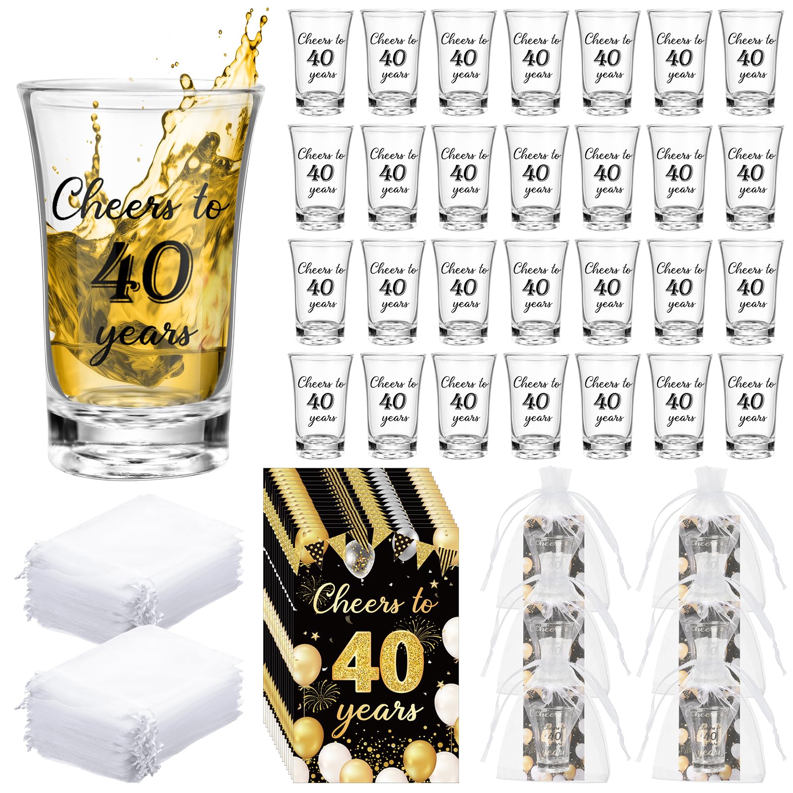 Juego de 50 vasos de chupito acrílicos reutilizables para regalos de fiesta de cumpleaños, vasos de chupito transparentes de 1 onza con tarjetas de regalo y bolsas de organza para