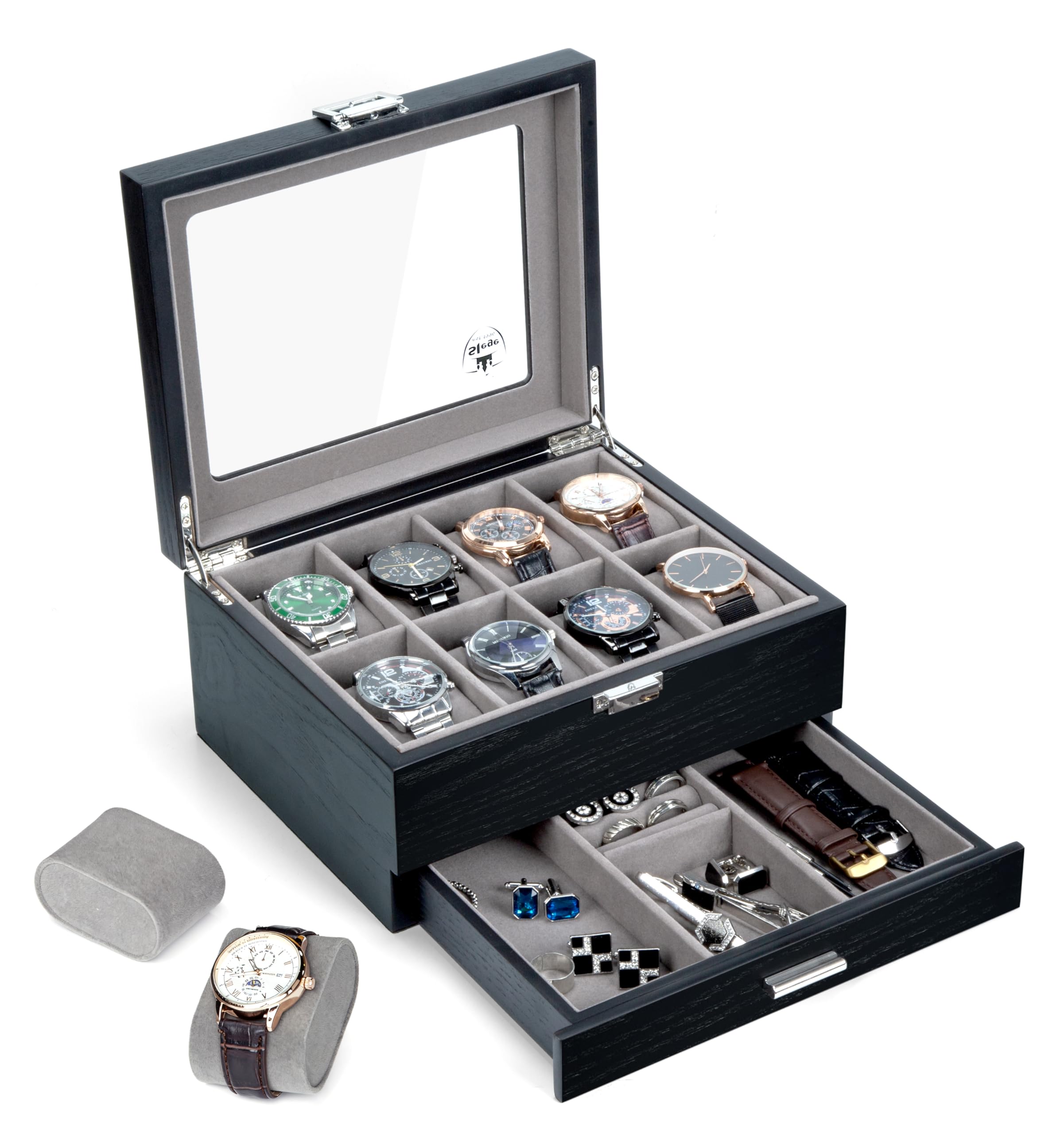 HVMBEUGOS Slege Wooden Watch Box with 8 Slots, 2 Levels, Men's Watch Case, Handmade Watch Box with Glass Lid, Watch Storage for Watches, Watch Case Organiser, Watch Box Organiser for Men