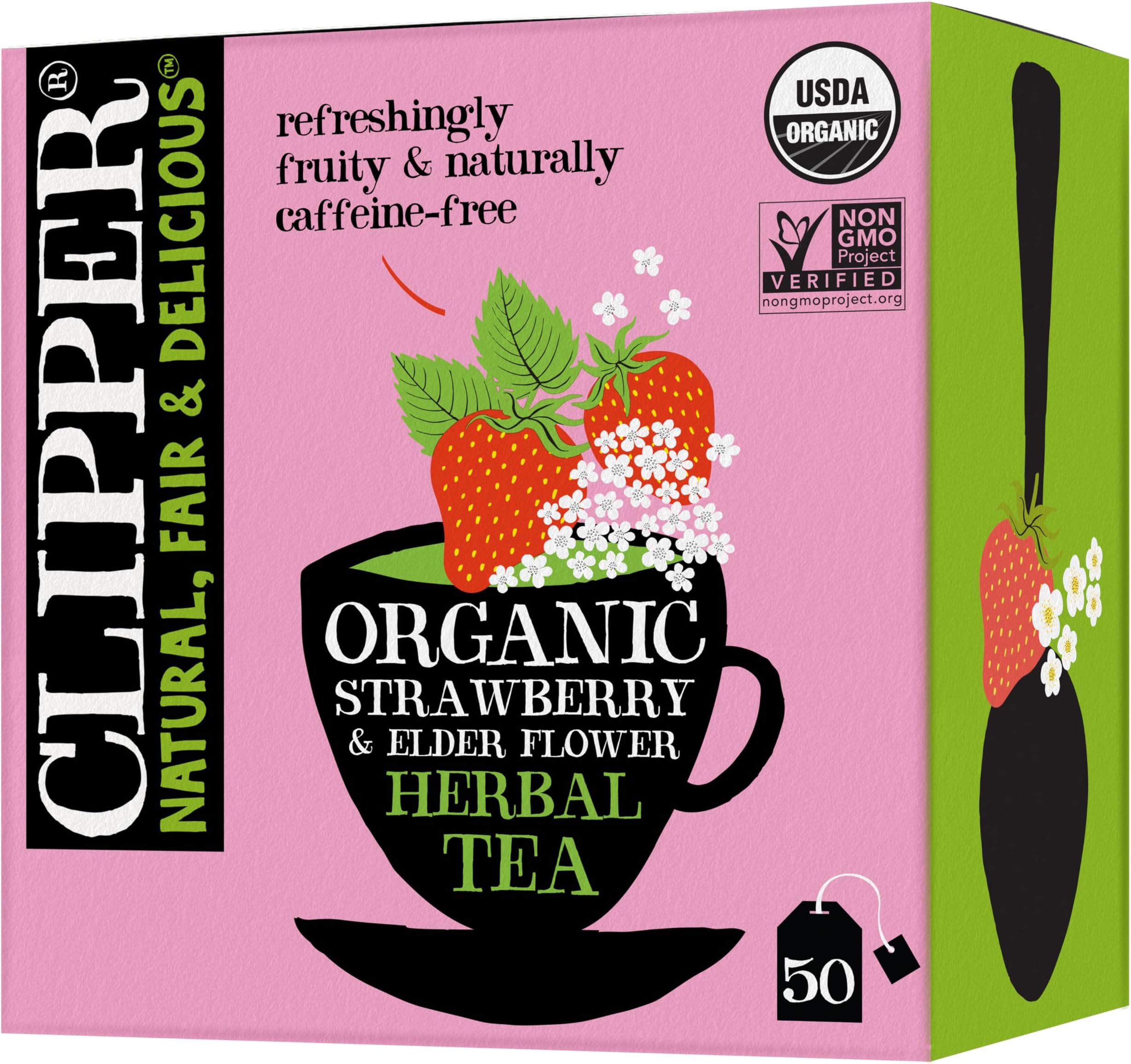 Clipper Tea Organic Strawberry & Elderflower Herbal Tea – 50 Count (Pack of 1) – Caffeine Free & Non-GMO – Unbleached, Plastic-Free Tea Bags – Delicious Hot or Iced Fruit Infusion
