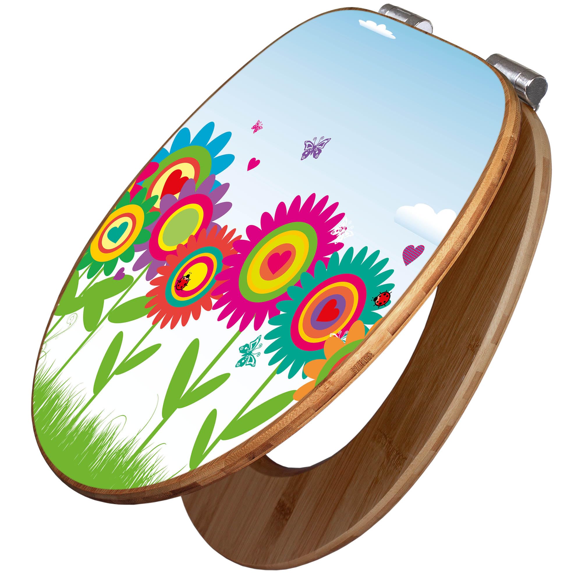 banjado Design WC Sitz Bambus Absenkautomatik 45,8x37,5cm - Toilettendeckel mit Absenkautomatik Holz - hochwertiger Bambus Klodeckel - WC-Sitz für gängigen Toiletten - Motiv Bunte Blumen