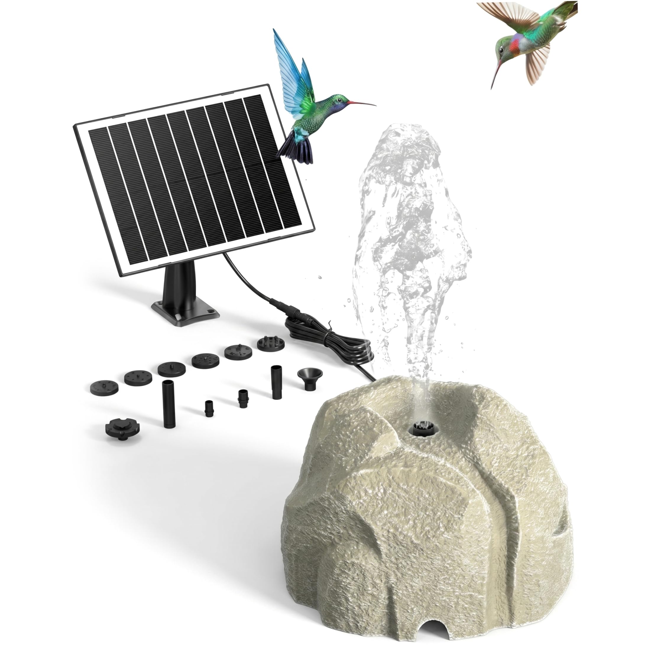 Fountain for Bird Bath, Solar Rock Fountain for Bird Bath & Pond Solar Powered Outdoor Water Feature with Auto Dry Protection - White, Summer Use
