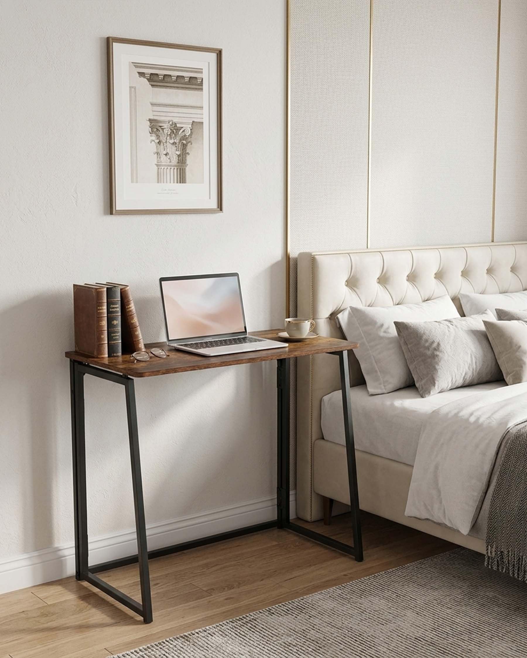 hitsuki Escritorio plegable de 80 x 40 cm, vintage, pequeño para oficina en casa, mesa de trabajo estable, ahorra espacio, mesa plegable moderna para dormitorio y estudio, estructura de lino negro