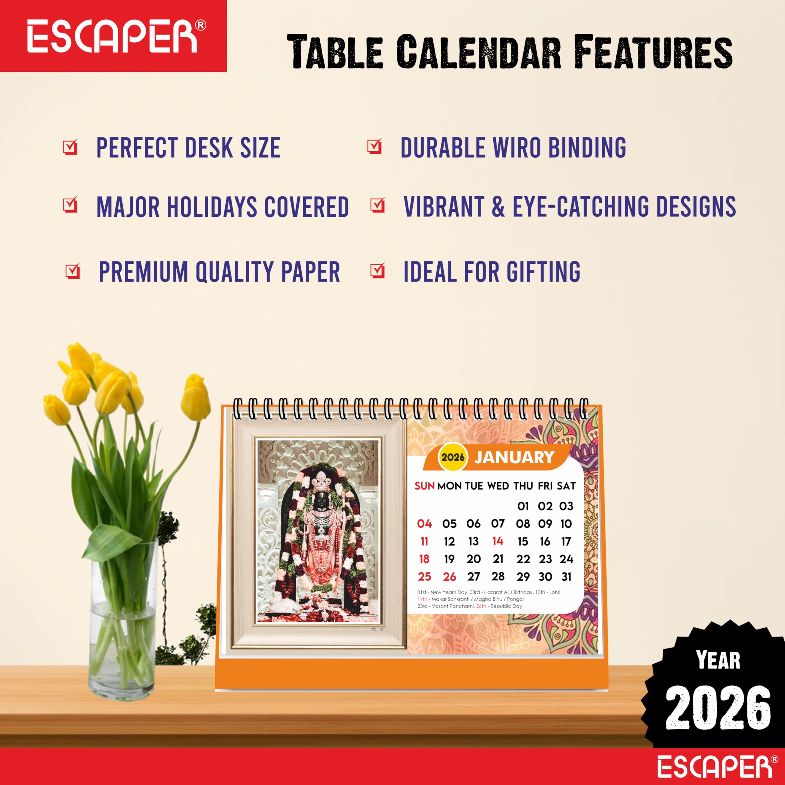 ESCAPER Tischkalender 2026 Hindu-Götter (A5) - Lord Ram, Lord Hanuman, Laddu Gopal & Lord Ganesha Tischkalender, spiritueller & religiöser Tischkalender für Zuhause & Büro