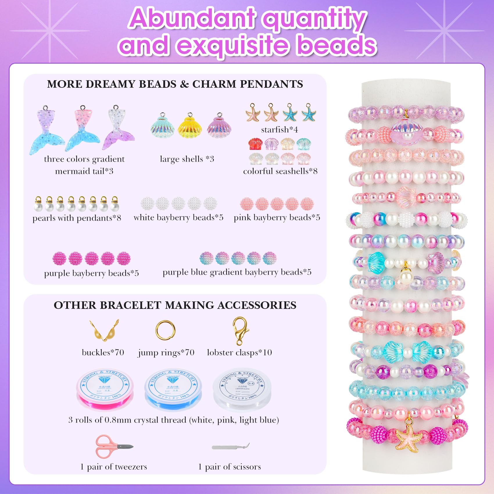 Acerich 1400 Pcs Mermaid Beads Bracelet Making Kit, Charm DIY Mermaid Beads for Jewelry Making with Ocean Shell, Friendship Bracelet Kit for Girls with Starfish Shell - Image 3