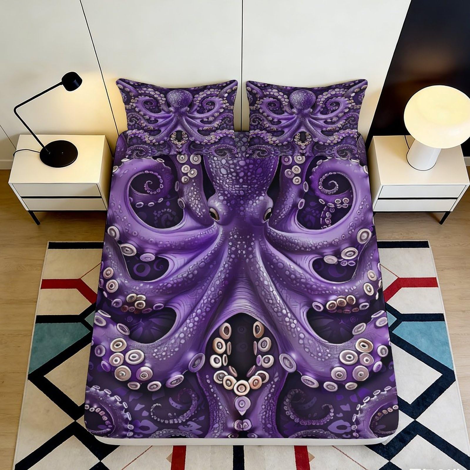 3D Printed Purple Octopus Fitted Sheet Microfiber Deep Sea Creature Mattress Cover for Bedroom Dorm Mattress Protection Decor 140x200x25cm