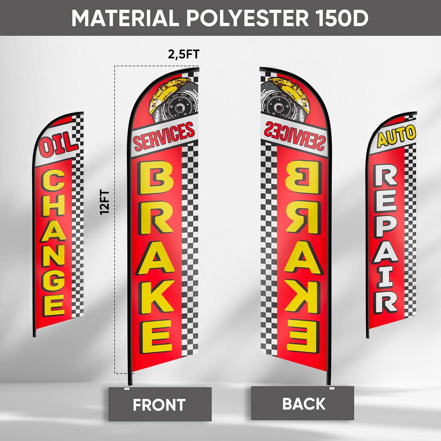 Auto Repair Feather Flag - Oil Change Feather Banner - Brake Services Swooper Flag - Set of Three Banner Flags for Business 12ft x 2.5ft (Pole not included) - Image 2
