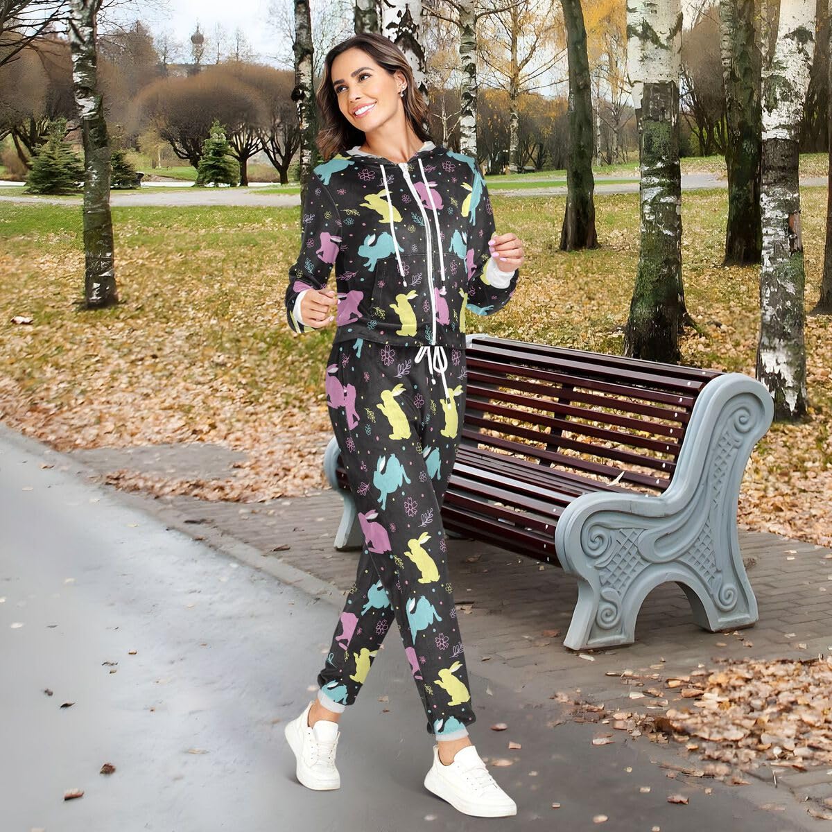 Conjunto deportivo de 2 piezas para mujer, diseño de conejito de Pascua, manga larga, conjunto deportivo de conejo