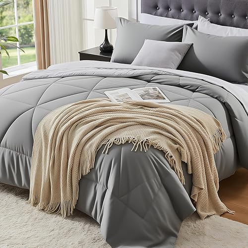 BEDELITE Juego de edredón individual de 5 piezas en una bolsa, juego de cama reversible de microfibra suave gris con edredones, sábanas, fundas de