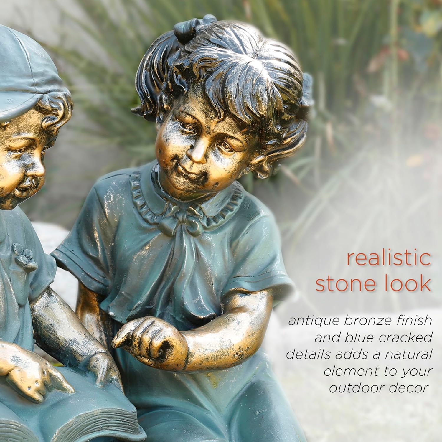 Alpine Corporation GXT258A Outdoor Finely Sculpted Boy and Girl Reading Book Garden Statue, 19"H, Bronze