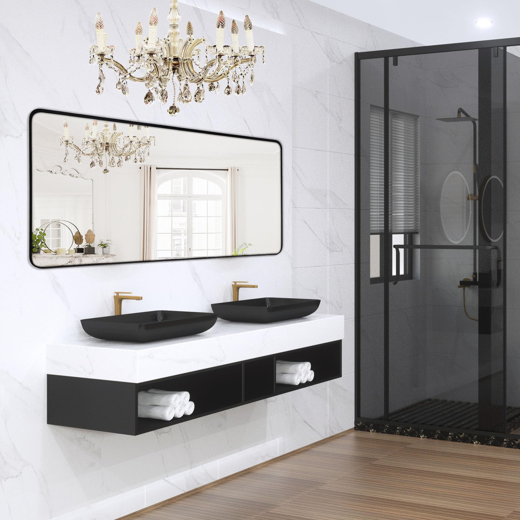 Black Bathroom Mirror 28x60in, Metal Framed Rounded Rectangle Wall