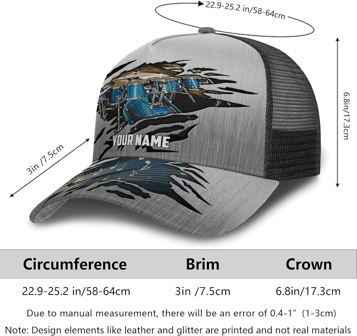 Custom Made Drum Kit Mesh Trucker Hats with Drum Golf Cap Accessory for Drum Enthusiast