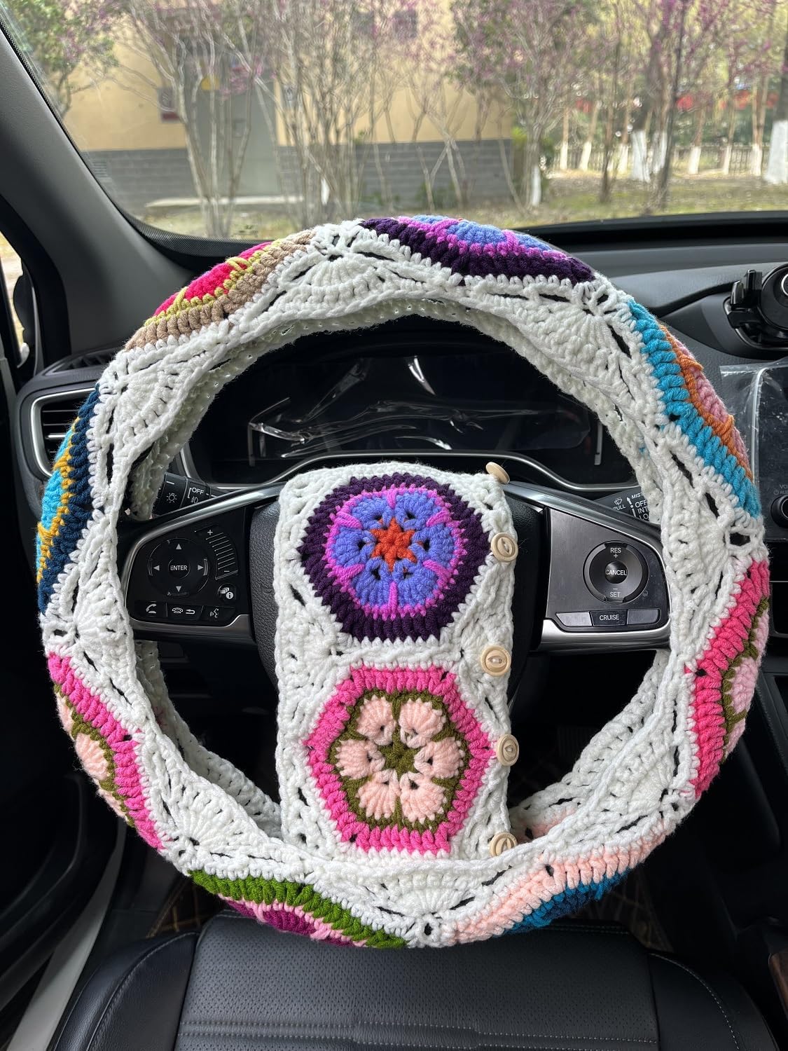 Crochet Galsang Flower Car Steering Wheel Covers,Seat Belt Cover,Car Interior Accessories Decorations (E,Wheel Covers+2belt Covers)