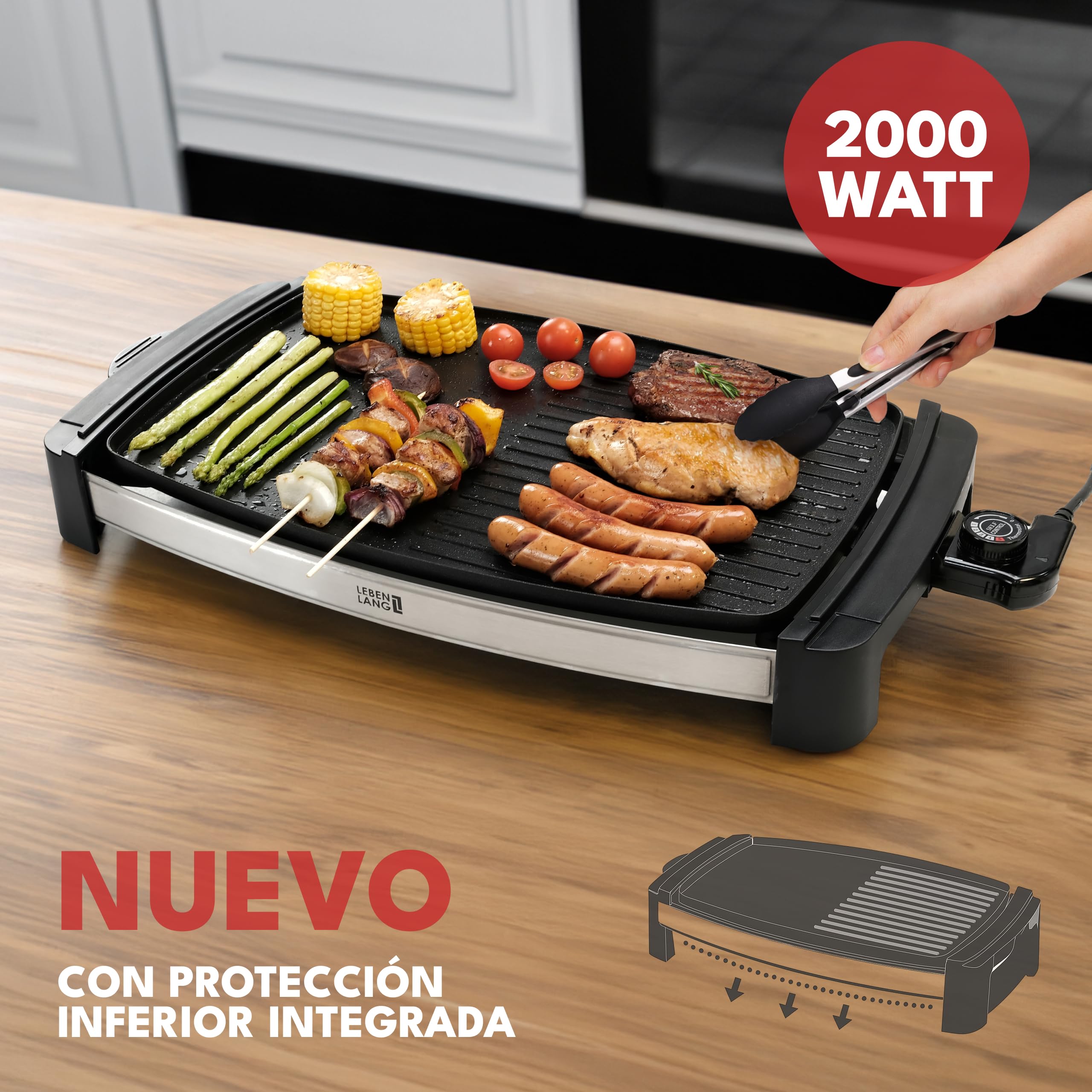 LEBENLANG Plancha cocina electrica 2000W - 45x30cm & Incl. Pinzas parrilla | Plancha electrica para cocinar XXL interior & exterior I Grelhador electrico Planchas de asar Grill eléctrica cocina