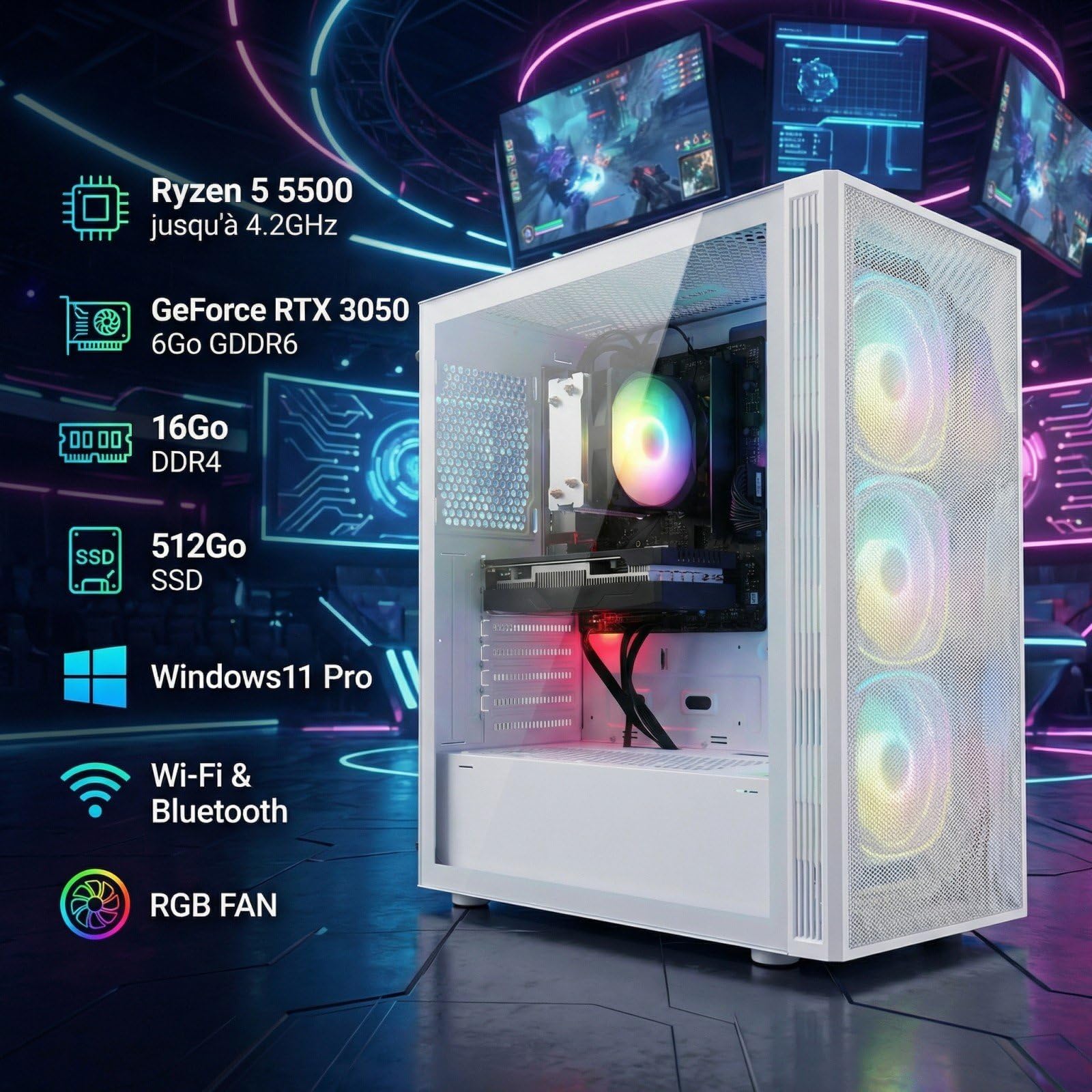 STGSivir PC Gaming Fisso, Computer Gaming, R5 5500 fino a 4.2 GHz • Nvidia RTX 3050 6GB GDDR6 • 16GB DDR4 RAM • 512GB SSD • WiFi 6 • BT • Windows 11 Pro