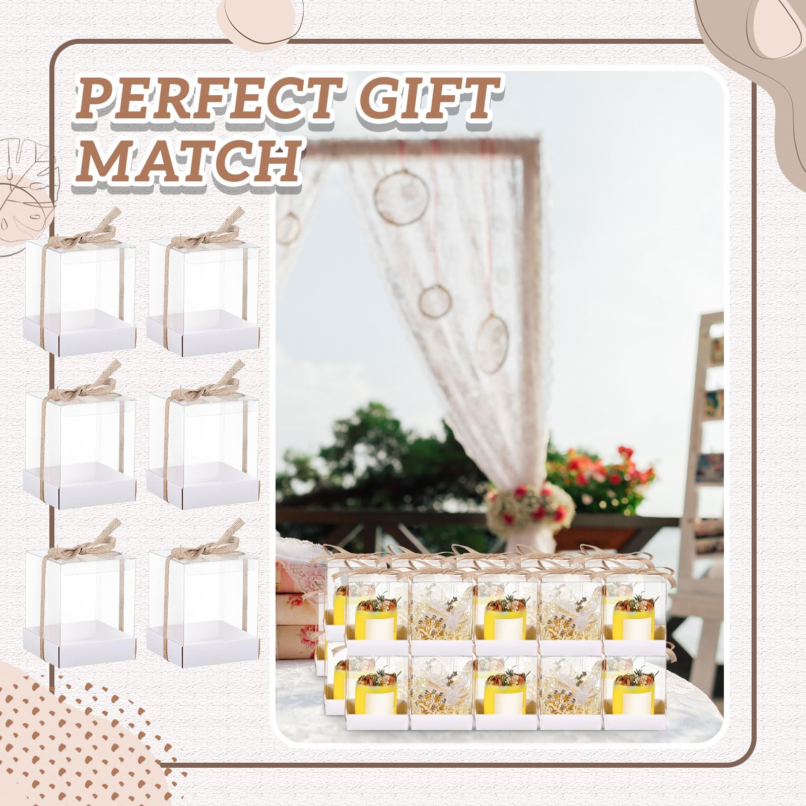 24 Stück 8,9 x 8,9 x 10,9 cm transparente Kerzen-Geschenkbox, Großverpackung, Box für Teelichter, Kerzenhalter, weiße Papierunterseite mit Band, für Weihnachten, Hochzeit, Babyparty, Party