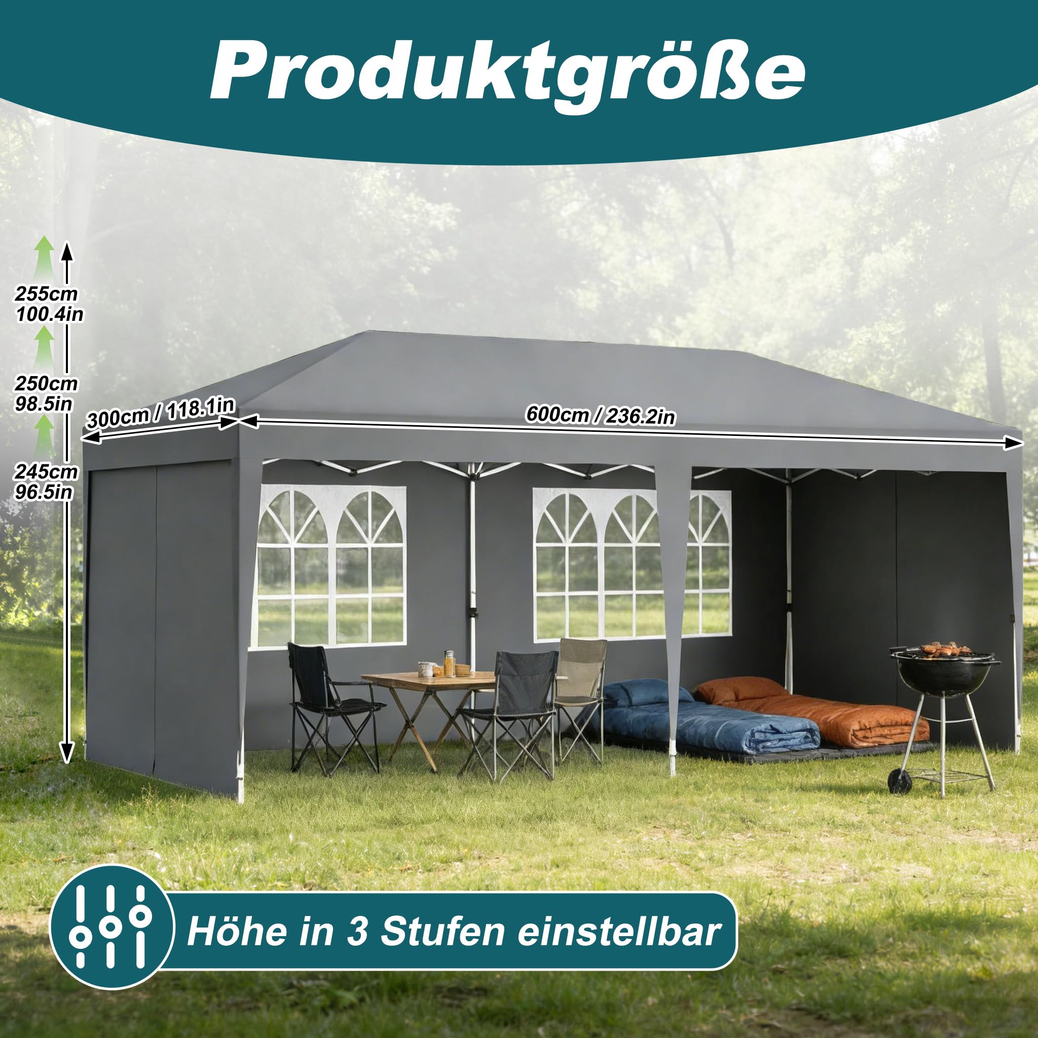Aufun Pavillon Faltbar 3x6m, Partyzelt Faltpavillon Wasserdicht Grau