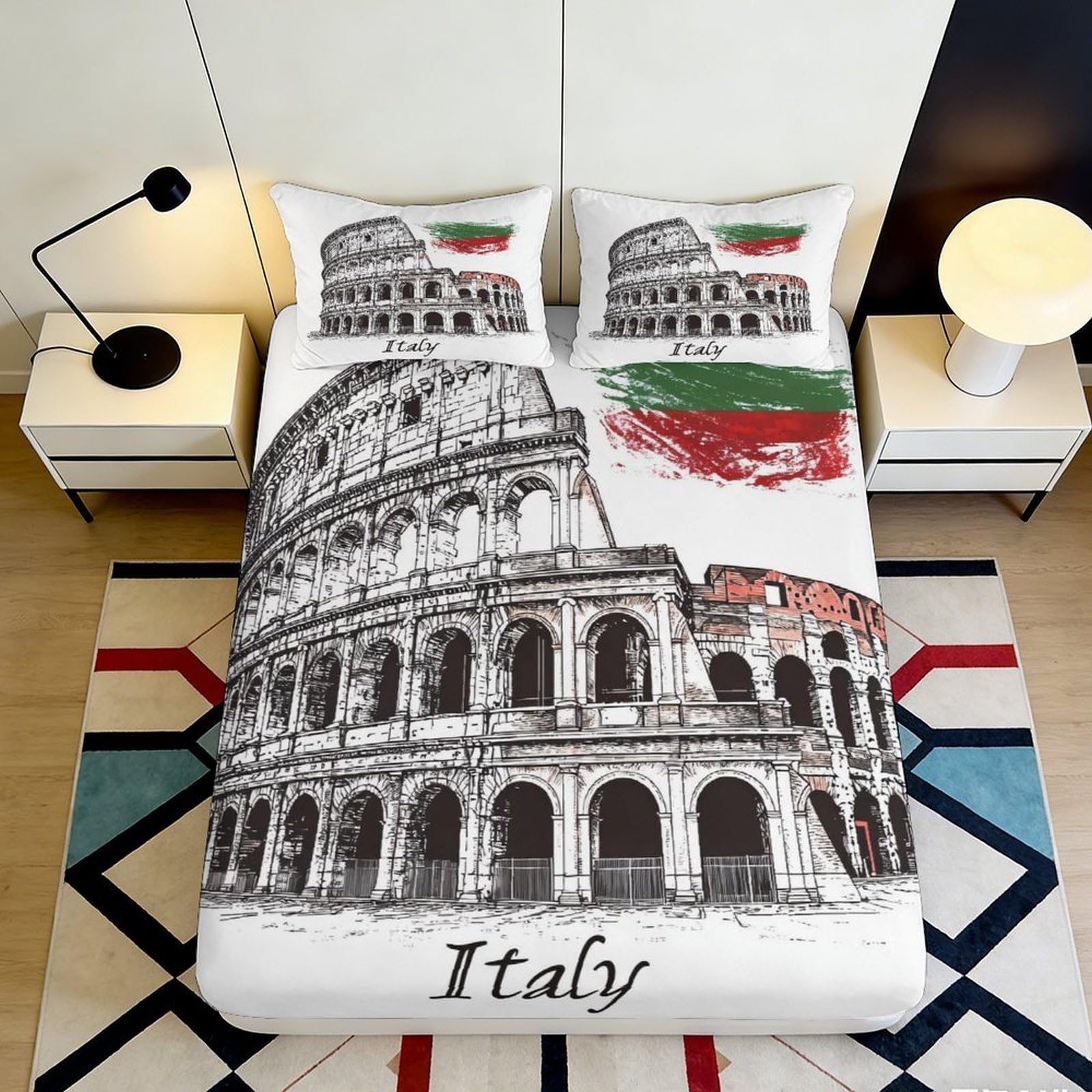 3D Printed Italy Colosseum Fitted Sheet Microfiber Soft Durable Rome Bed Cover for Bedroom Dormitory Guest Room Mattress Protection 140x200x25cm