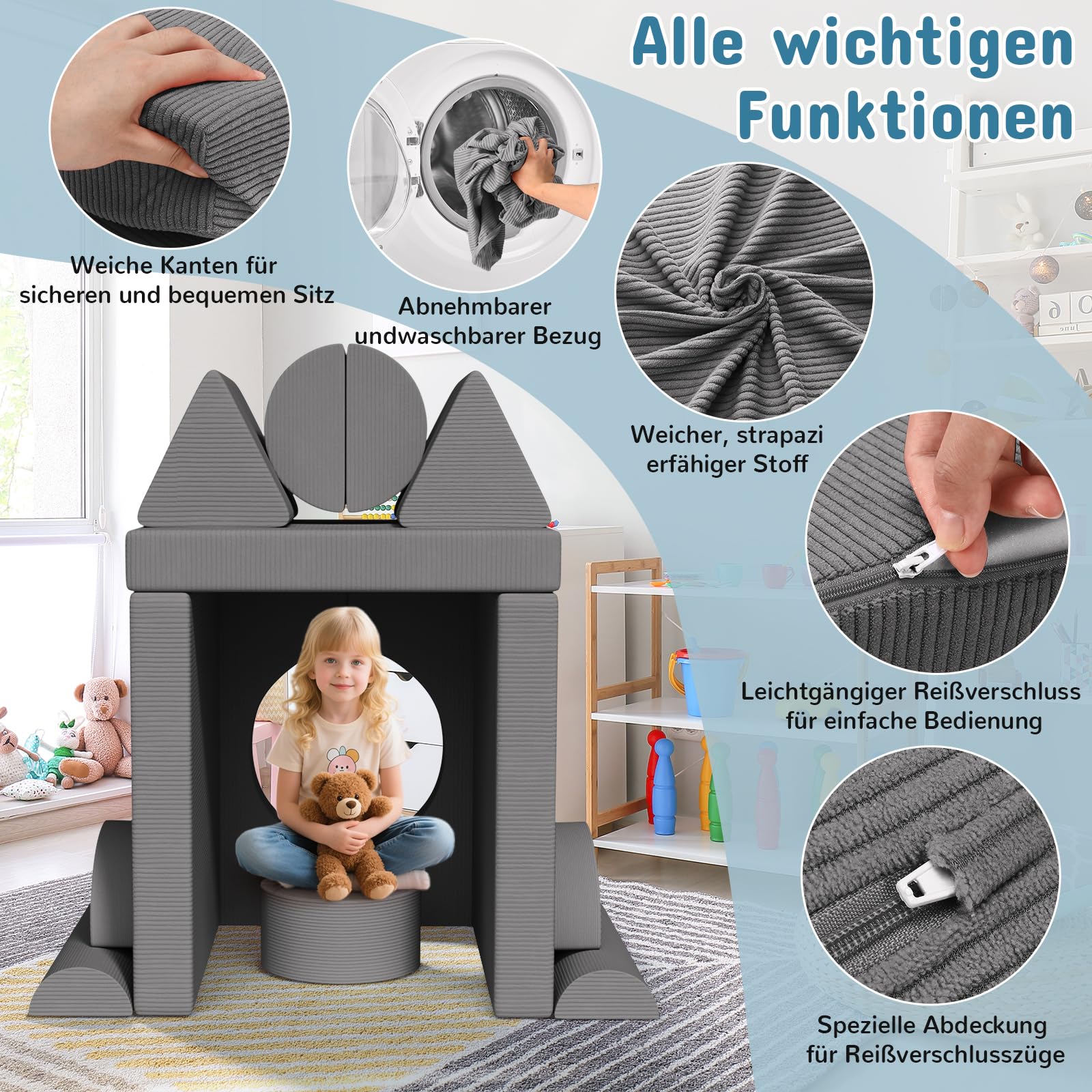 Canapé Enfant Convertible Modulaire – 14 Pièces Velours Côtelé – Jeu Créatif, Salle De Jeux, Cadeau éducatif - 6