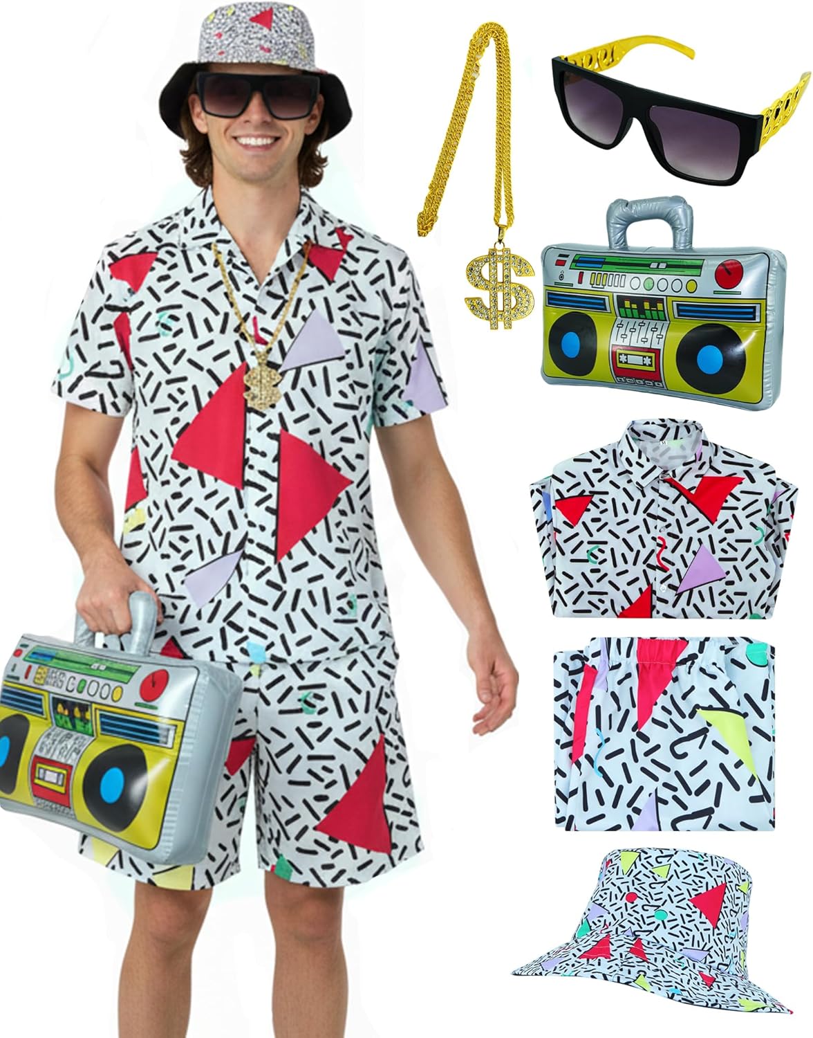 80s 90s Outfit for Men Hip Hop Costume Men's Hawaiian Shirt ande Short Set Rapper Cosplay Halloween with Accessories