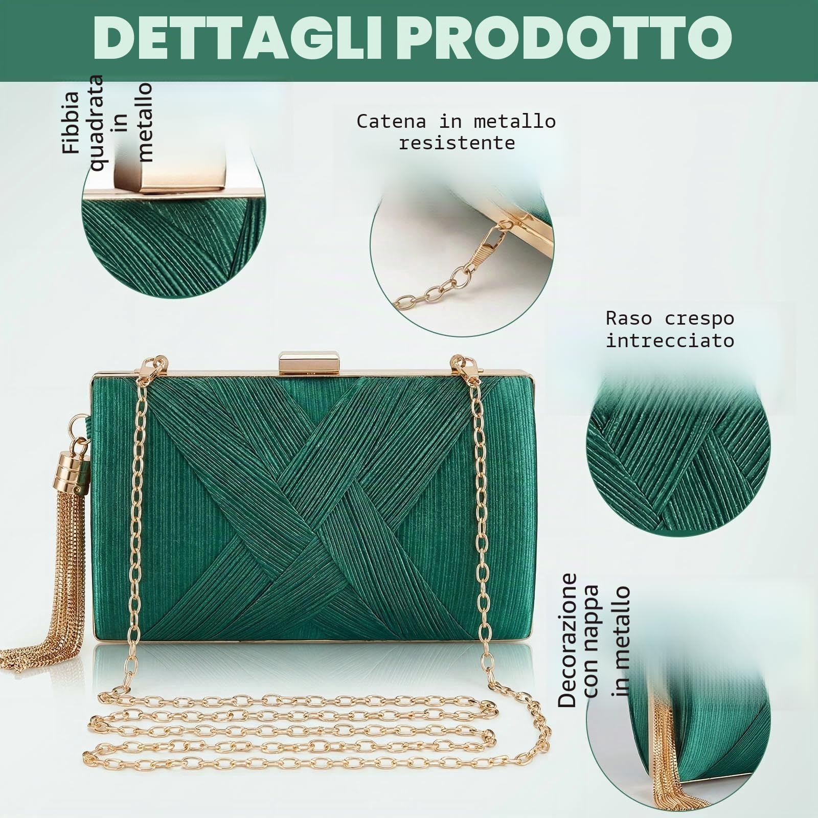 Pochette Oro da Sera Clutch Donna Pochette Dorata Cerimonia con 2 Catena, Elegante Borsa da Sera con Nappa da sposa Borsa Tracolla Piccola Borsetta per Feste di Matrimonio (Verde)