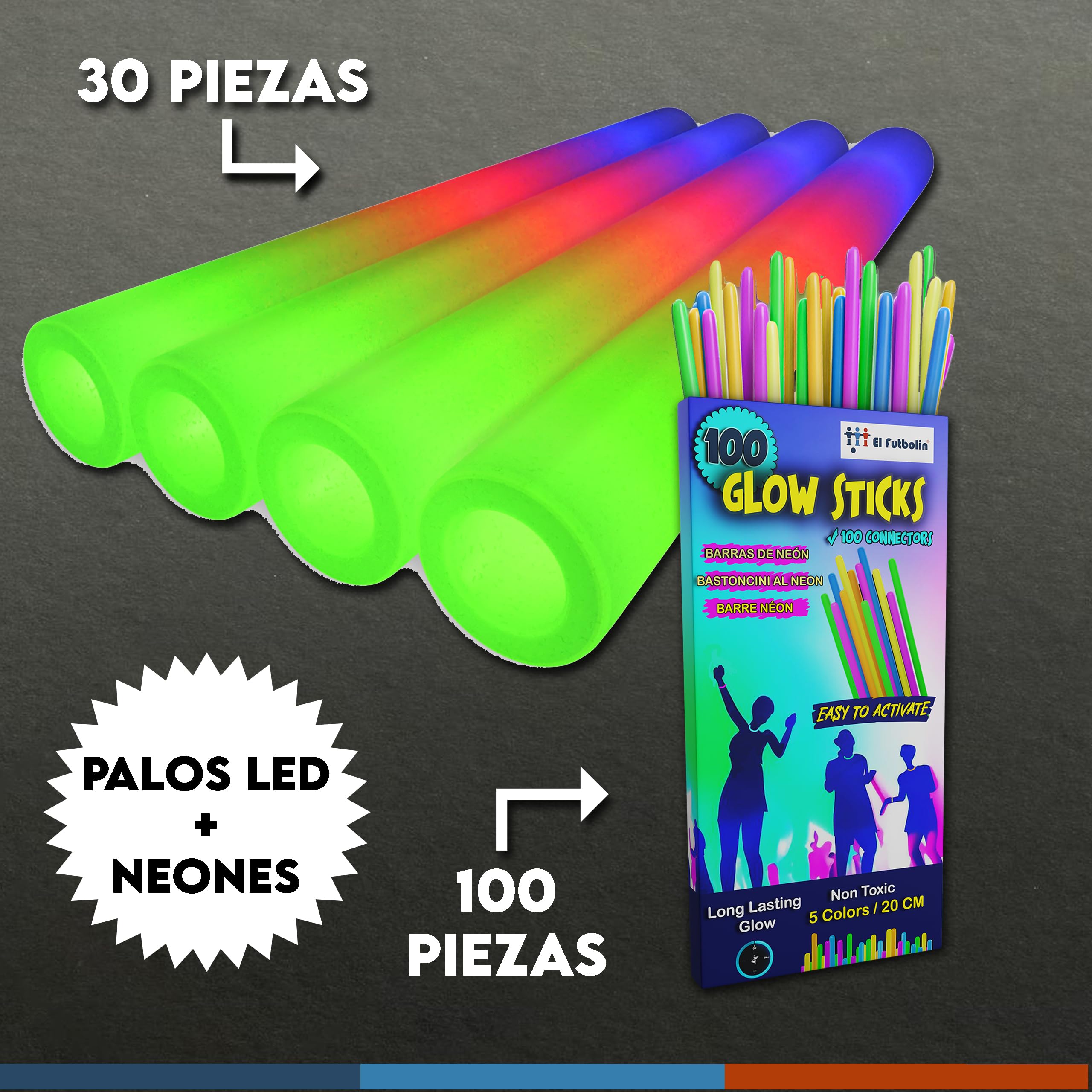 Palos Luminosos para Fiestas | 30 Piezas | 48cm | Palos LED Multicolor | Palos Luminosos LED | Palos de Luz para Boda | Barras Luminosas para Fiestas y Eventos (30 UDS + 100 NEONES)