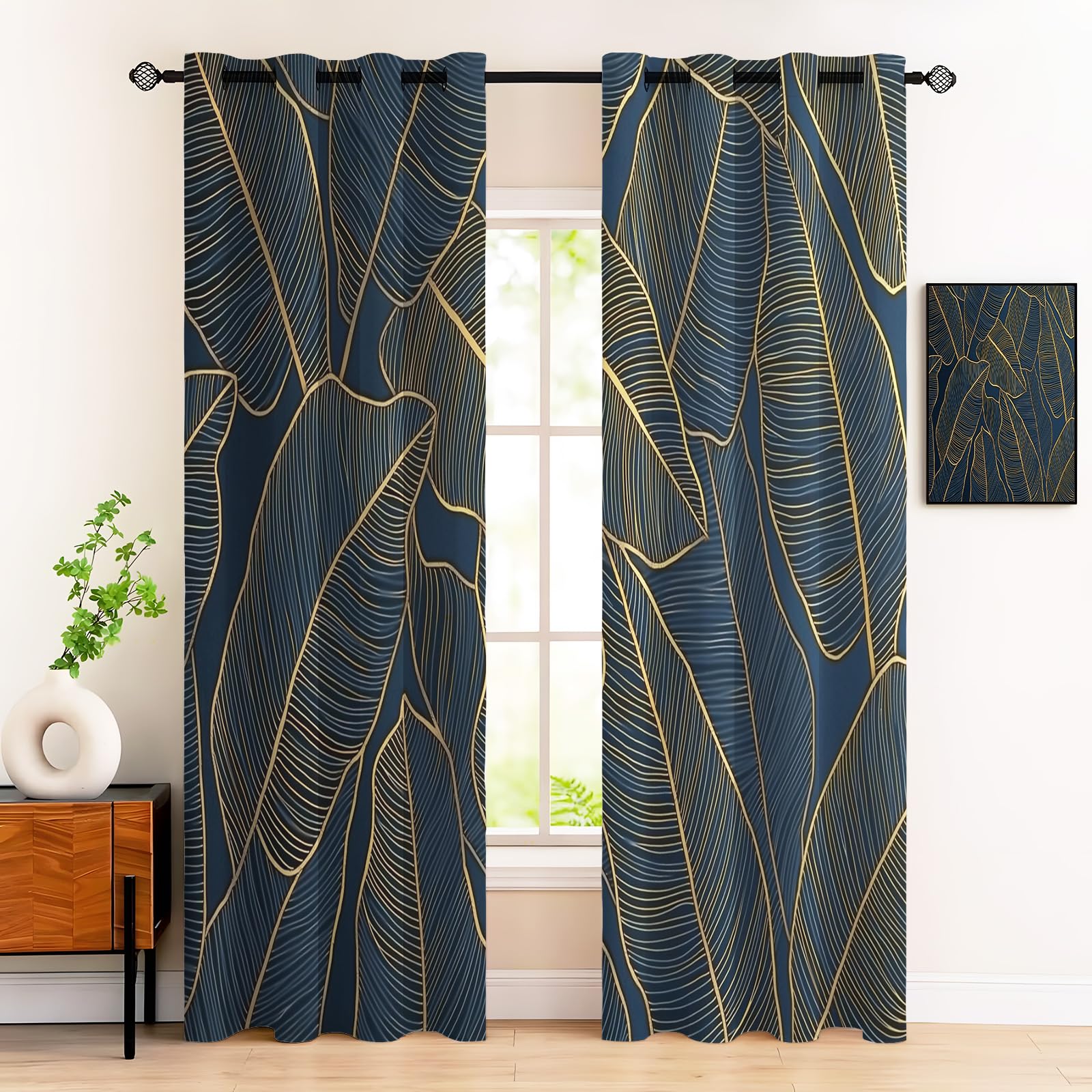 Rideaux occultants feuille de bananier bleu marine 117x183 cm pour salon